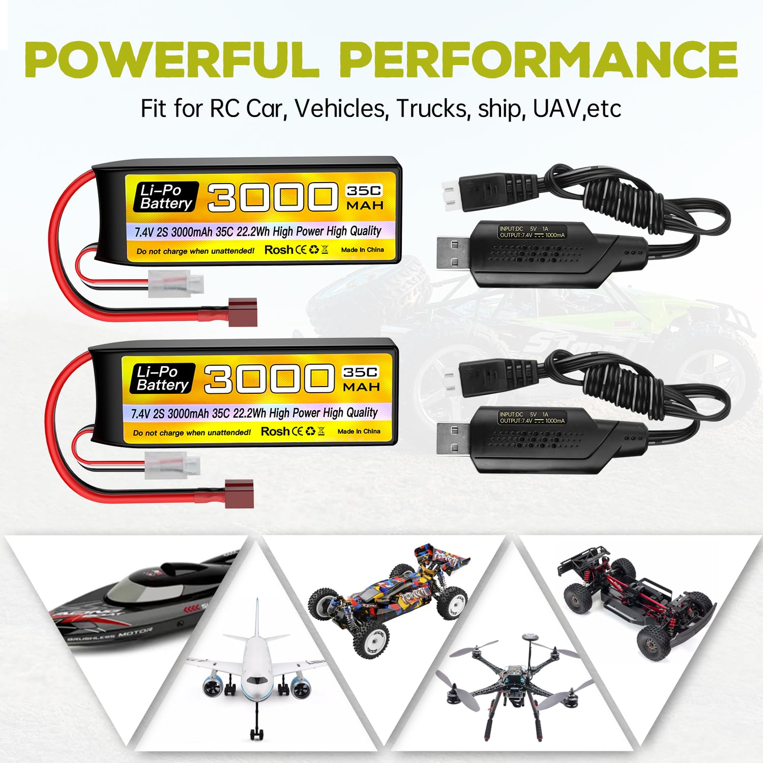 2PCS 7.4V 3000mAh 2S Lipo batteria 35C T-plug con cavo di ricarica USB per RC Auto Camion RC Barca RC Quadcopter FPV Drone Batteria