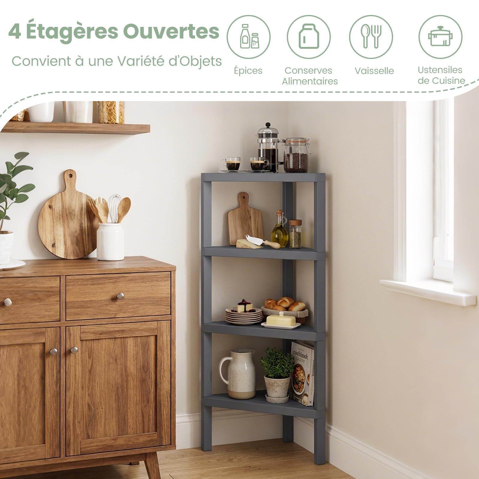 COSTWAY Étagère d'angle, Bibliothèque d'angle à 4 Niveaux avec Étagères Ouvertes à Lattes, Meuble de Rangement Moderne pour Bureau, Salon, Cuisine, Salle de Bain (Gris)