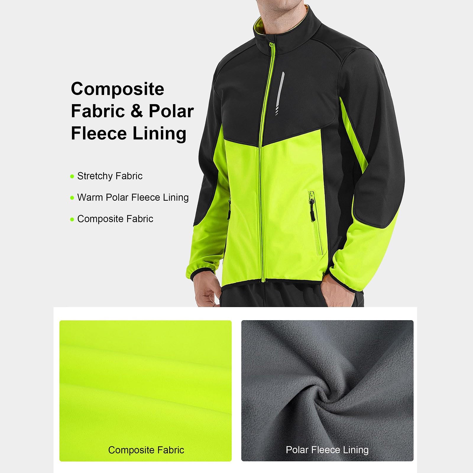 2026 Giacca Impermeabile Ciclismo Giacca Running Sportivo Softshell Caldo Antivento MTB Jogging Alpinismo Uomo Stand Up Collar Con 2 Tasche Verde & Grigio