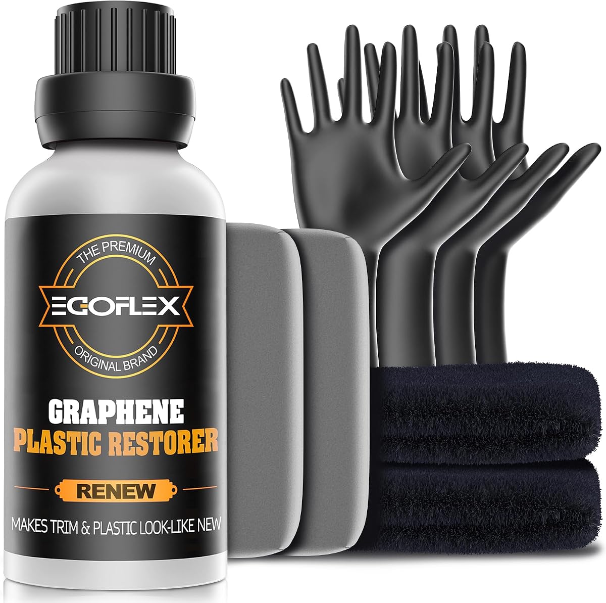 Kit de molduras restauradoras de plástico de grafeno - Restaurador de plástico con revestimiento de cristal para automóviles - Restauración de faros de vinilo de goma Restaura un acabado de nuevo a negro brillante Suministros para detalles de automóviles exteriores