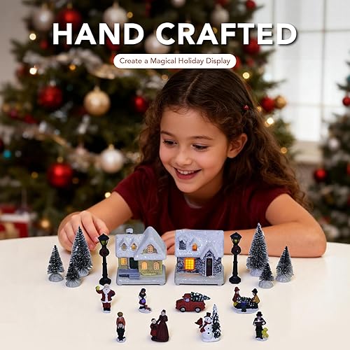 Miniatura 2 de Juegos de pueblo navideño  18 piezas de resina pintadas a mano, casas de aldea de Navidad con luces LED, decoraciones de Navidad para repisas,