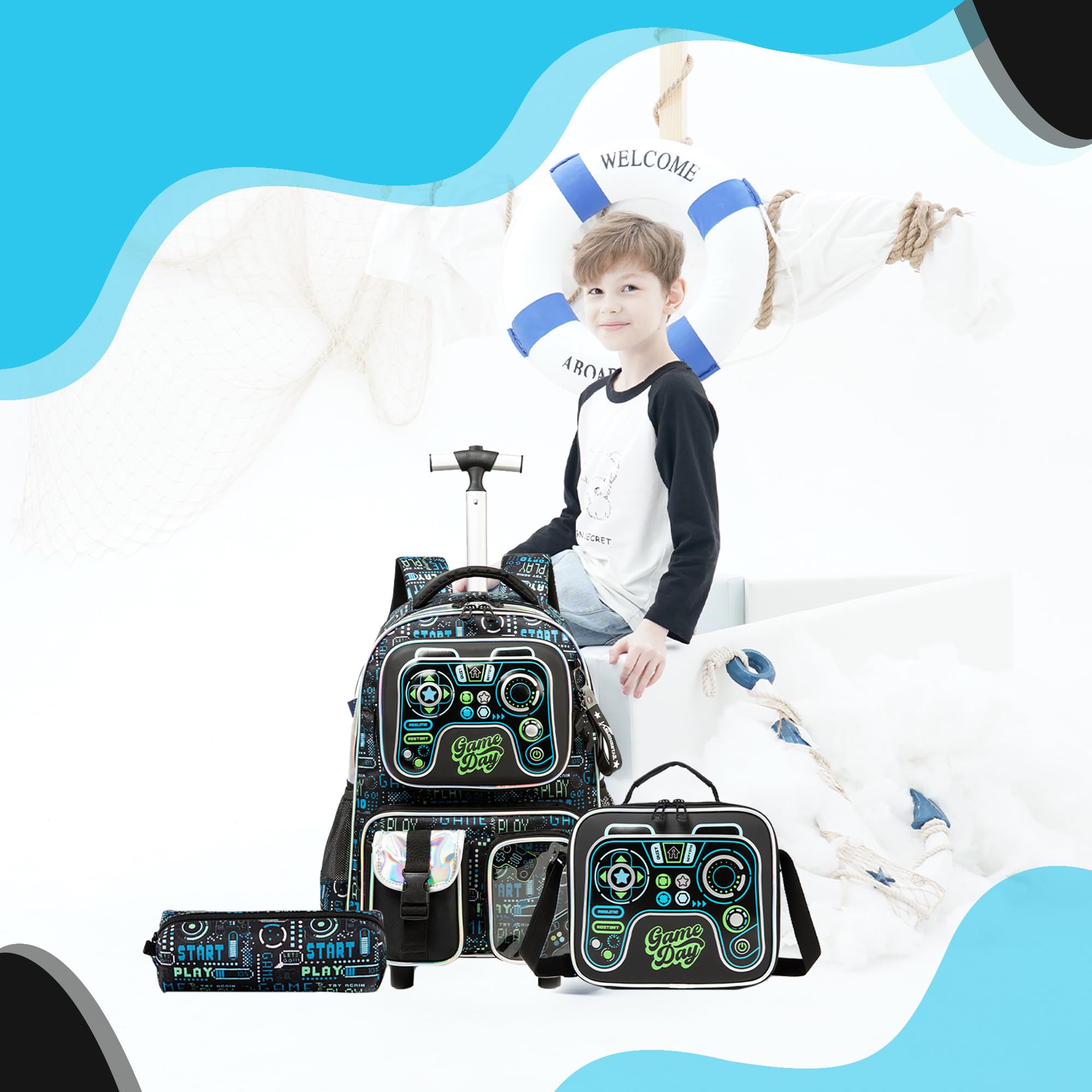 HTgroce Mochila Escolar con Ruedas Niño, Astronautas Mochilas Escolares Con Ruedas 6 años,Traiga un Estuche para lápices y una Bolsa para el Almuerzo