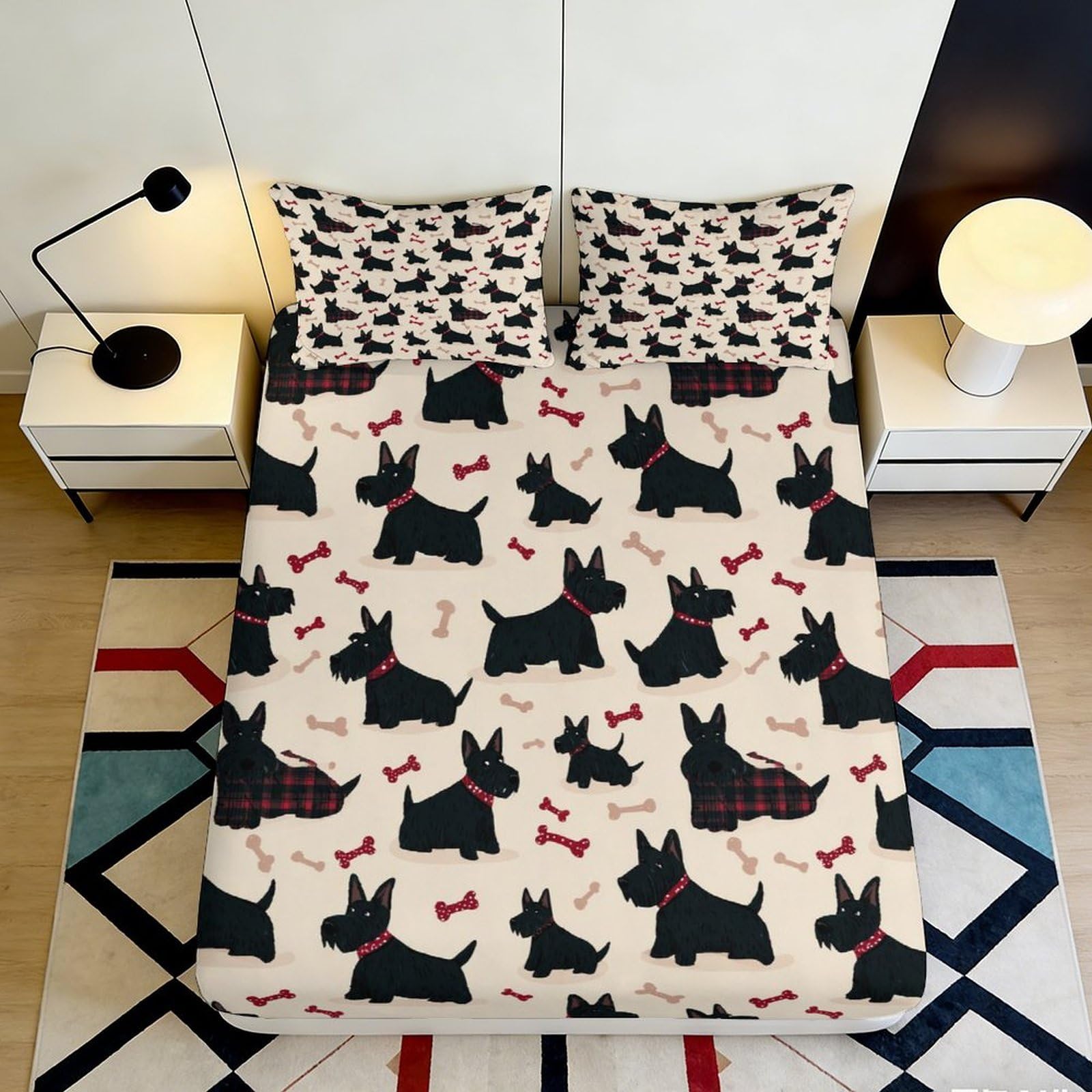 3D Printed Scottish Terrier Fitted Sheet Microfiber Soft Breathable Dog Pattern Bed Cover for Bedroom Dormitory Guest Room Mattress Protection 200x200x25cm