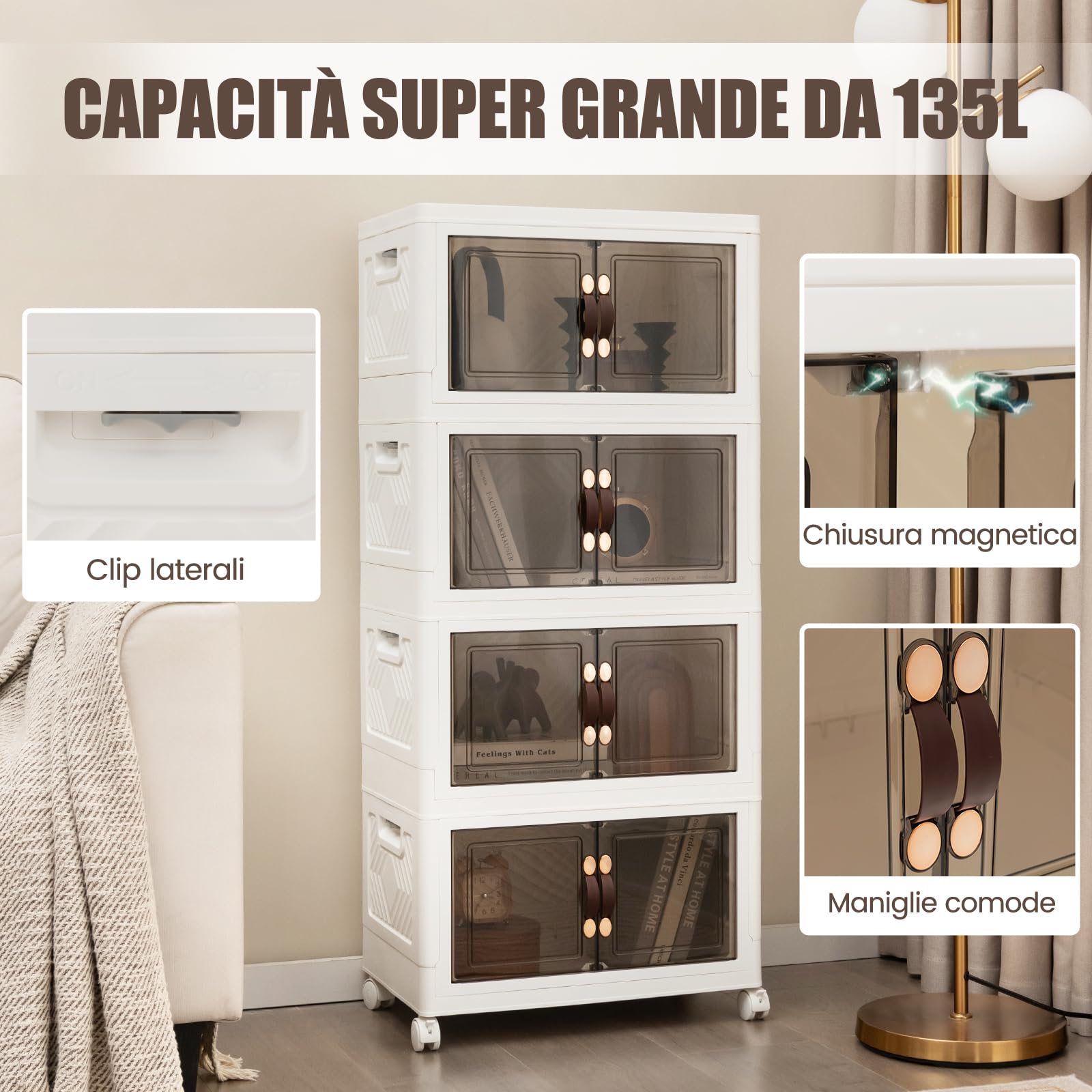 COSTWAY Scatola Portaoggetti, Contenitori in Plastica con Coperchio e 4 Ruote, Contenitore Pieghevole Impilabile per Soggiorno, Cucina e Camera da Letto (L-Set di 4)