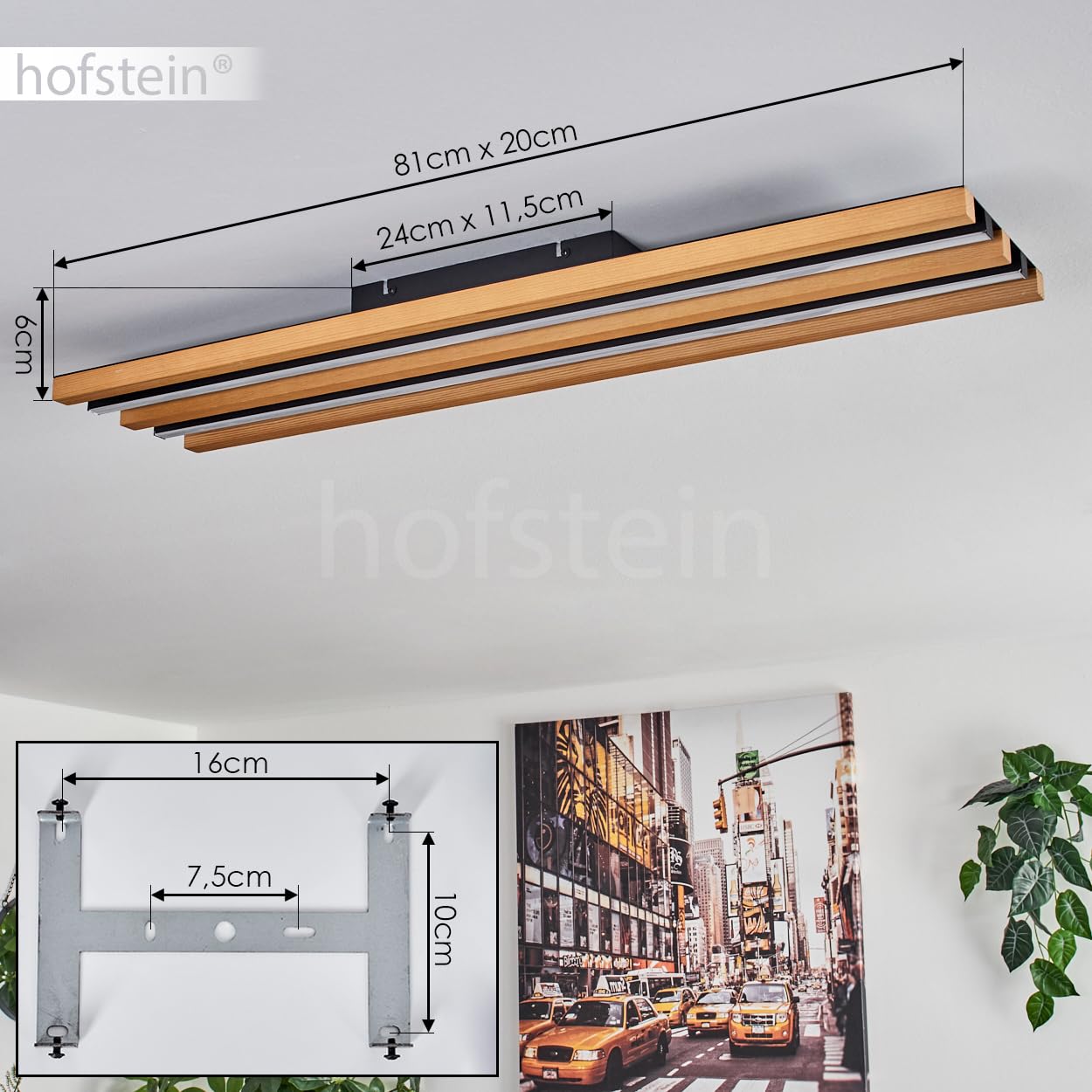 LED Deckenleuchte Favorina, dimmbare Deckenlampe aus Metall/Holz/Kunststoff in Schwarz/Natur/Weiß, 30 Watt, 3400 Lumen, 3000 Kelvin, Länge 81 cm, dimmbar über Lichtschalter