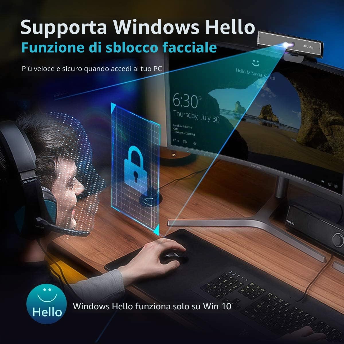 CA20 Telecamera IR USB per Riconoscimento Facciale per Windows Hello Windows 11, Web Camera Up to 1080P (Entry Level) con Doppio Microfono Omnidirezionale per Videoconferenza e Home Office