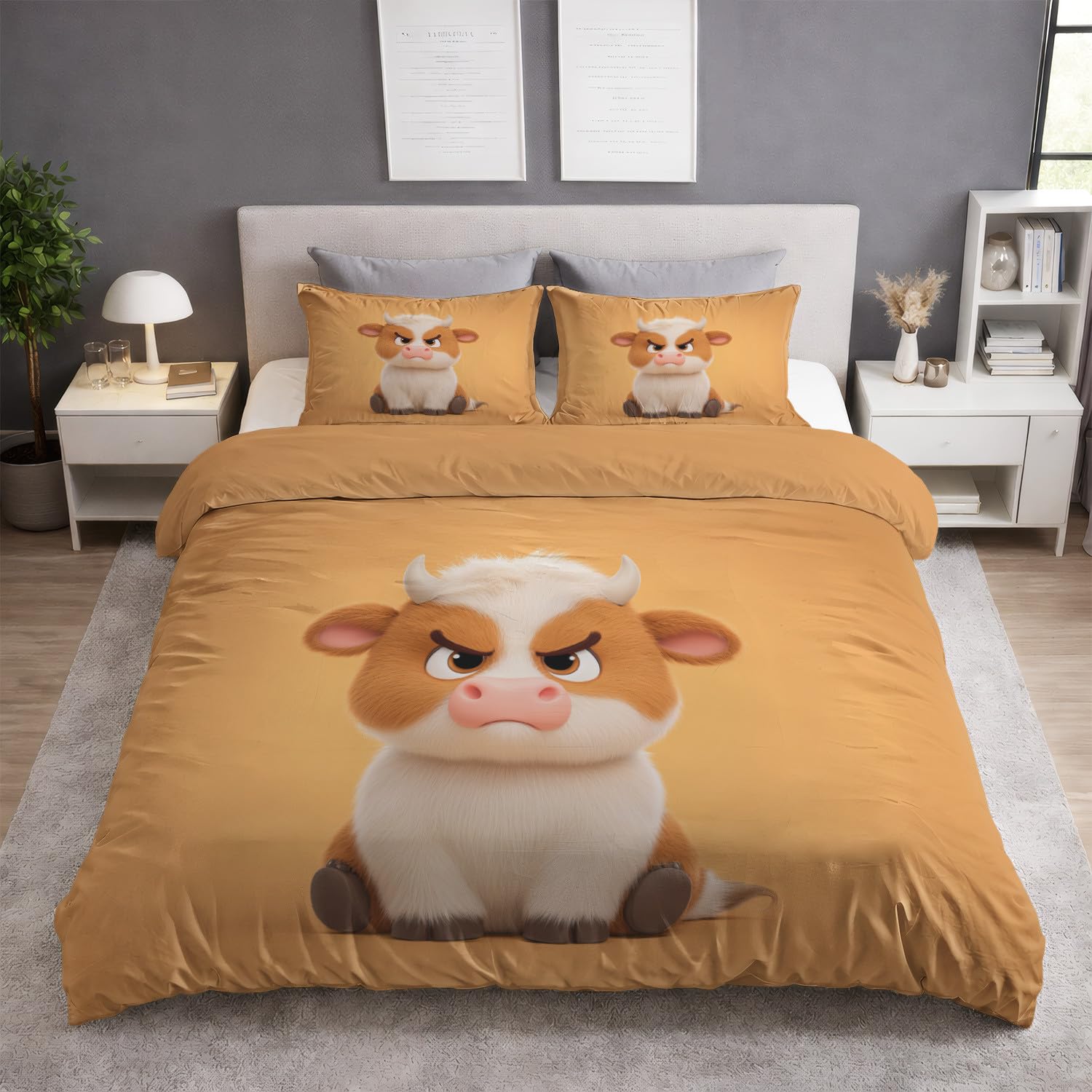 Poszwa na kołdrę Zima Zwierzęta - 220 x 240 cm - Dwustronna pomarańczowa mandarynka z mikrofibry - 2 poszewki na poduszki w zestawie - Urocza zrzędliwa krowa Pościel - Morbid Microfiber Duvet Cover