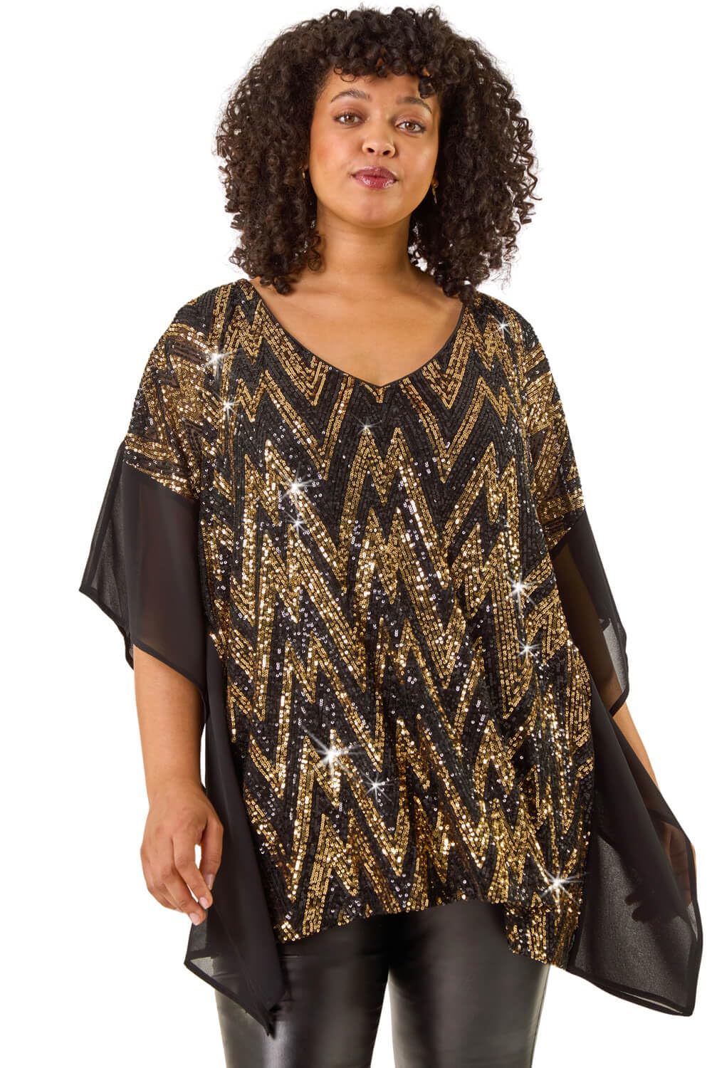 Roman Originals Women's Gold Plus Roman Curve Full Sequin Chiffon Overlay Top For Uk Autumn Everyday Winter Holiday V-Neckline Comfy Short Sleeve Soft Longline Shirt Dinner Date Blouses - Size 3032