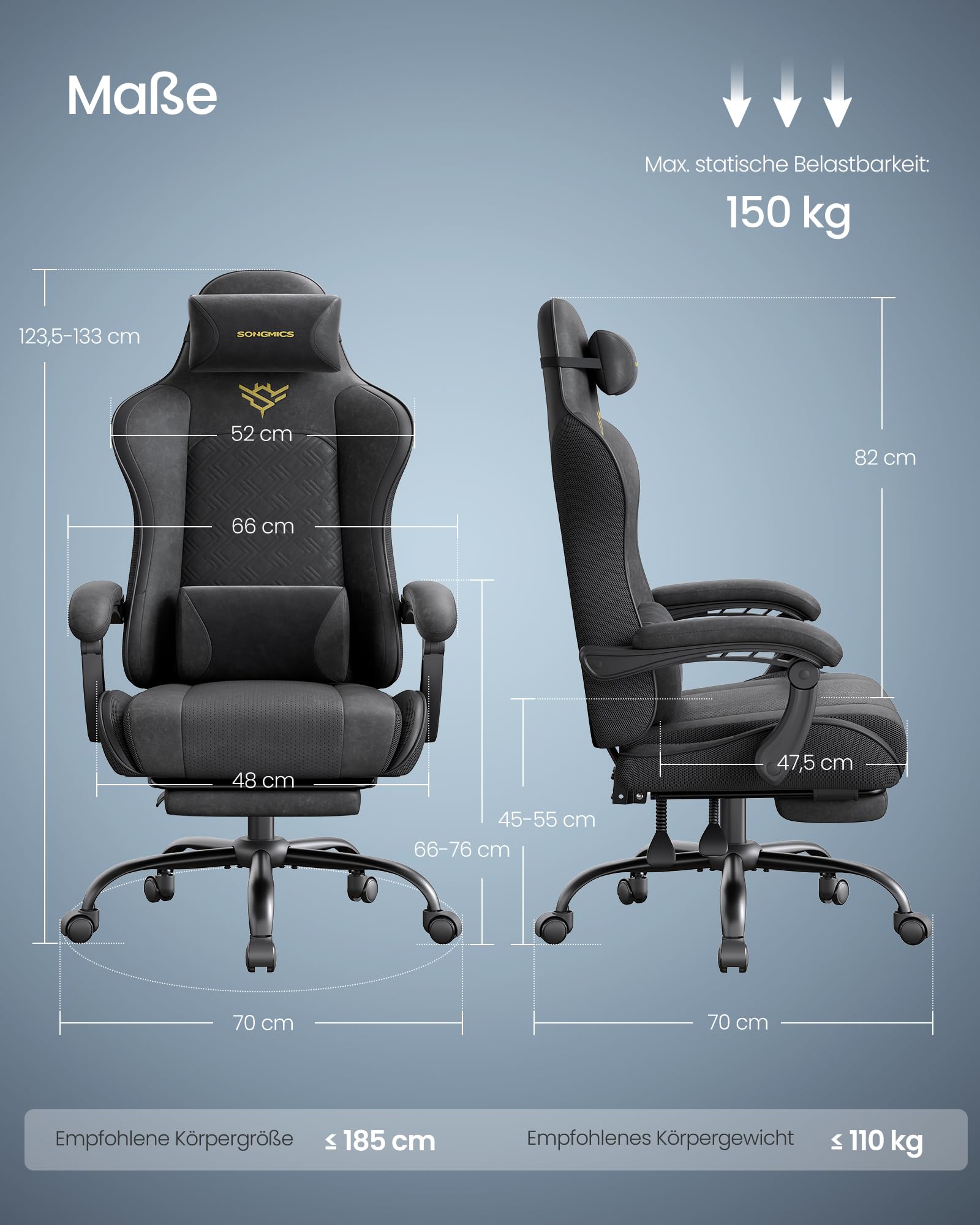 SONGMICS Gaming-Stuhl ergonomisch mit Fußstütze Armlehnen Synchronmechanik tintenschwarz OBG079B01