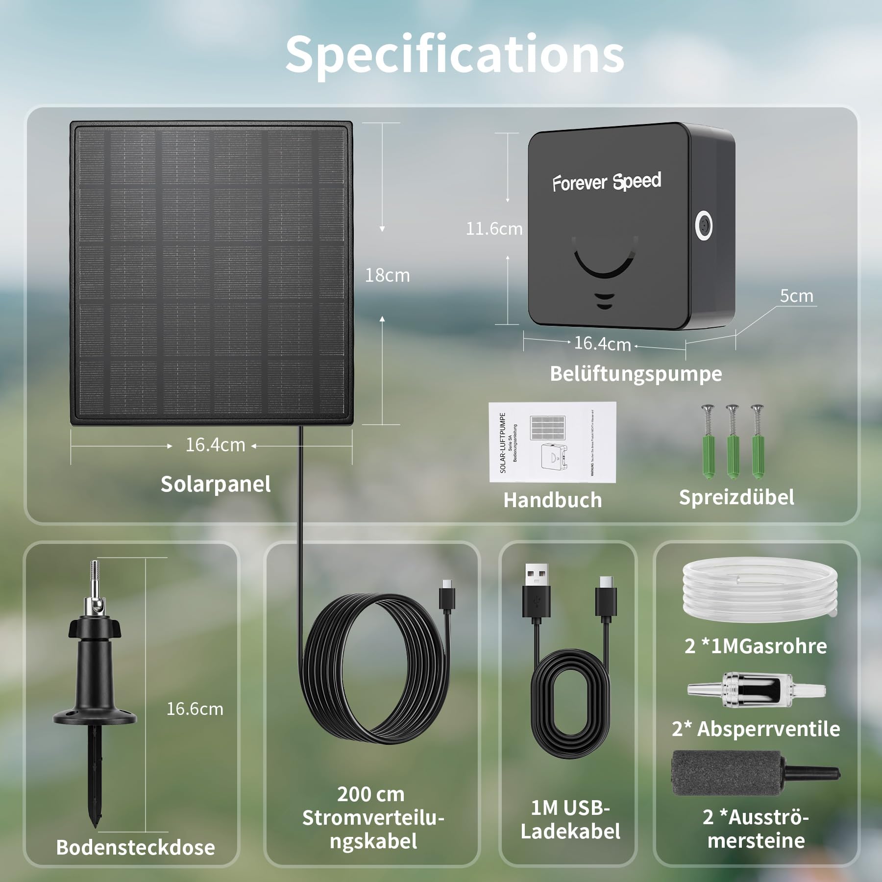 Forever Speed 6W Aeratore Solare per Laghetto con Ricaricabile Batteria 4400mAh, Silenzioso Solare Pompa di Ossigeno per Piccoli Laghetti, Acquari Doppia Ricarica Solare USB