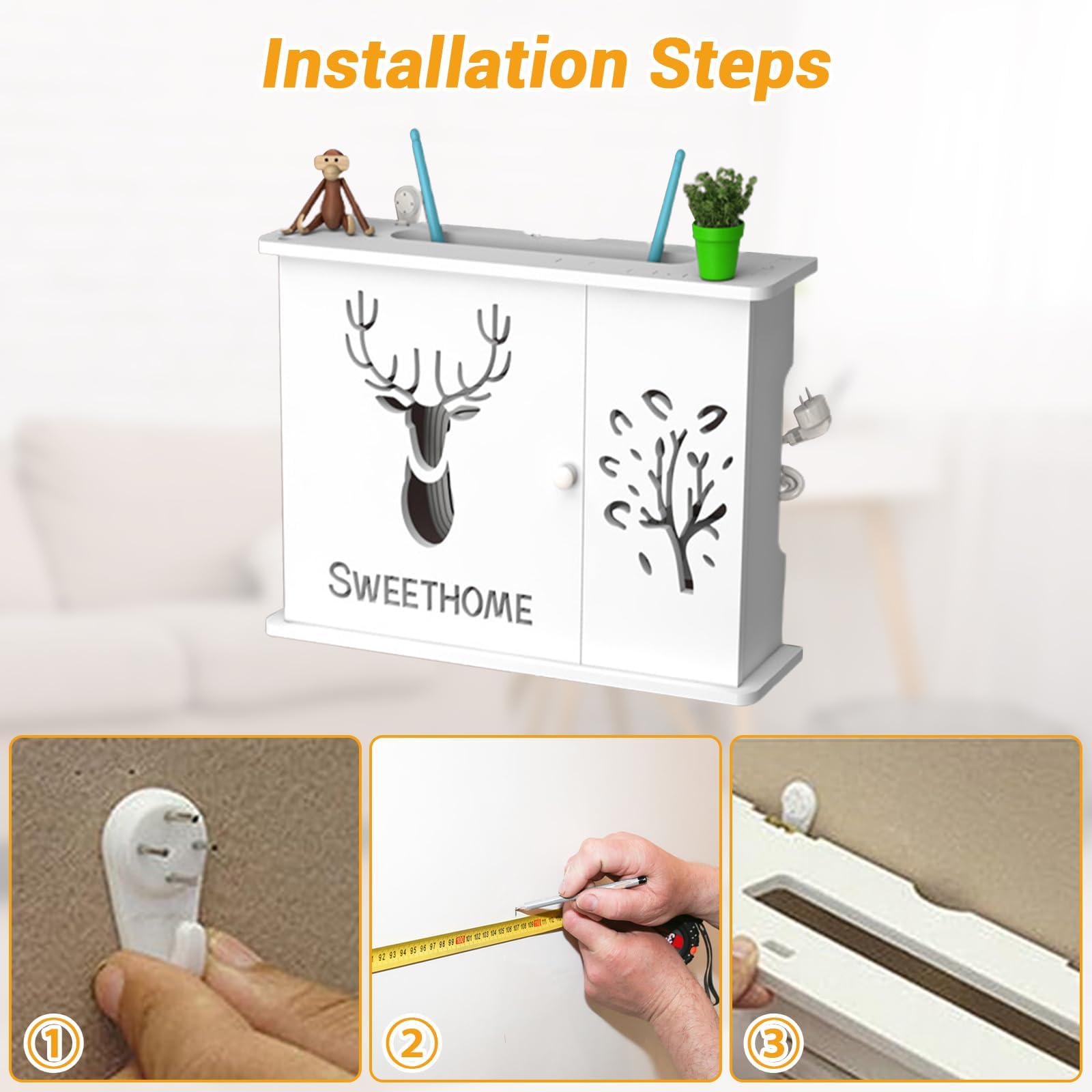 mumisuto Caja de Almacenamiento para Enrutador WiFi,Router Estante de Madera para Router con Puerta de Armario,Organizador de Enrutador de Cables sin Taladros,Montado en la Pared (Puerta Simple)