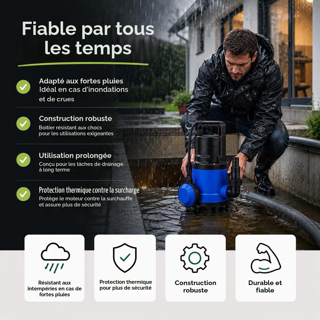 Pompe à eaux usées 7500 l/h avec 400 W – Hauteur de refoulement max. 5 m et profondeur de plongée 4 m, câble de 10 m, protection thermique, roue de course Noryl robuste – Pompe submersible