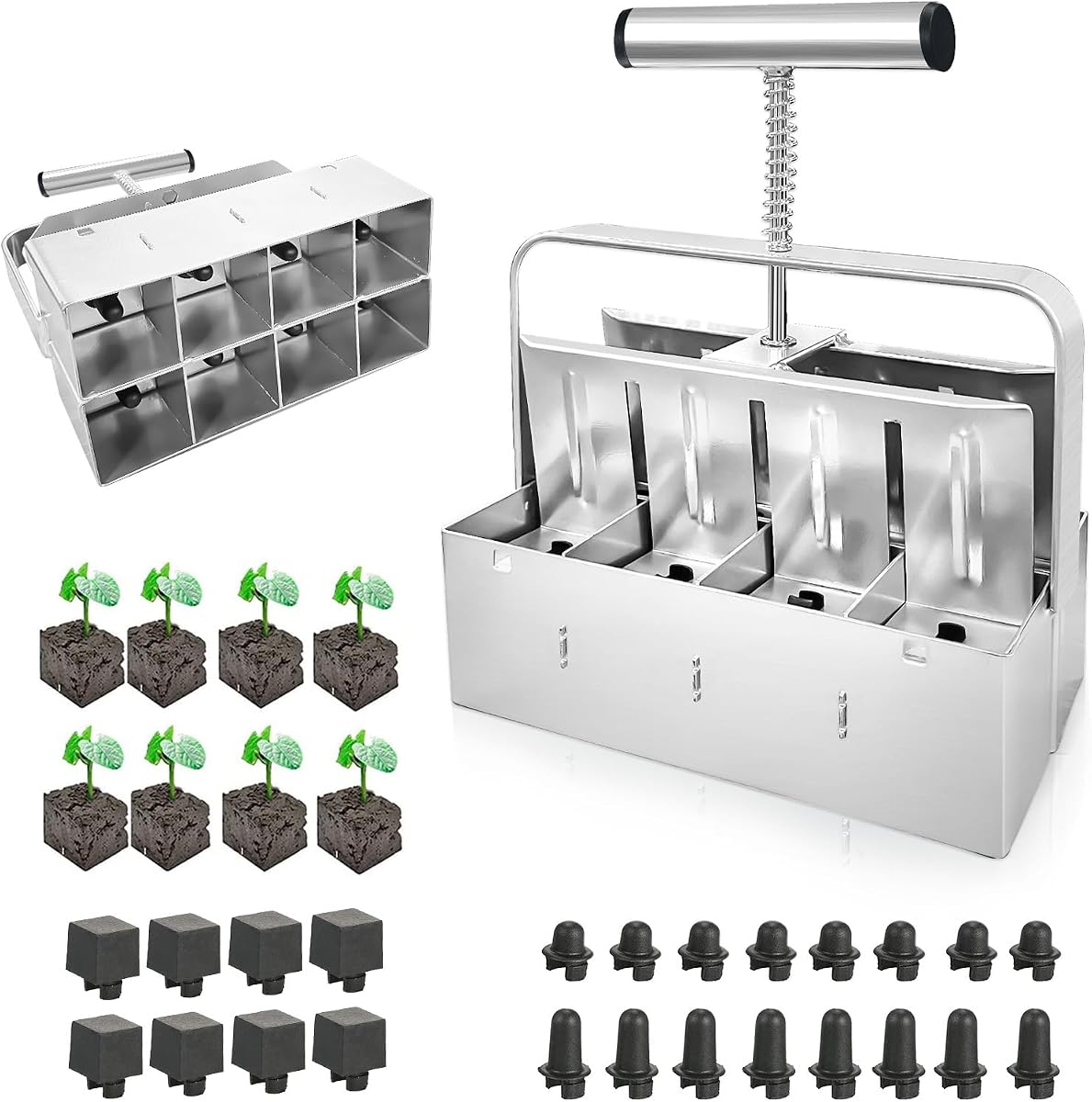 Bloqueador de suelo mejorado de mano, 8 fabricantes de bloques de suelo para inicio de semillas, fabricante de bloqueadores de suelo cuádruples manuales de 2 pulgadas, herramienta de bloqueo de suelo, kit de bloqueador de suelo