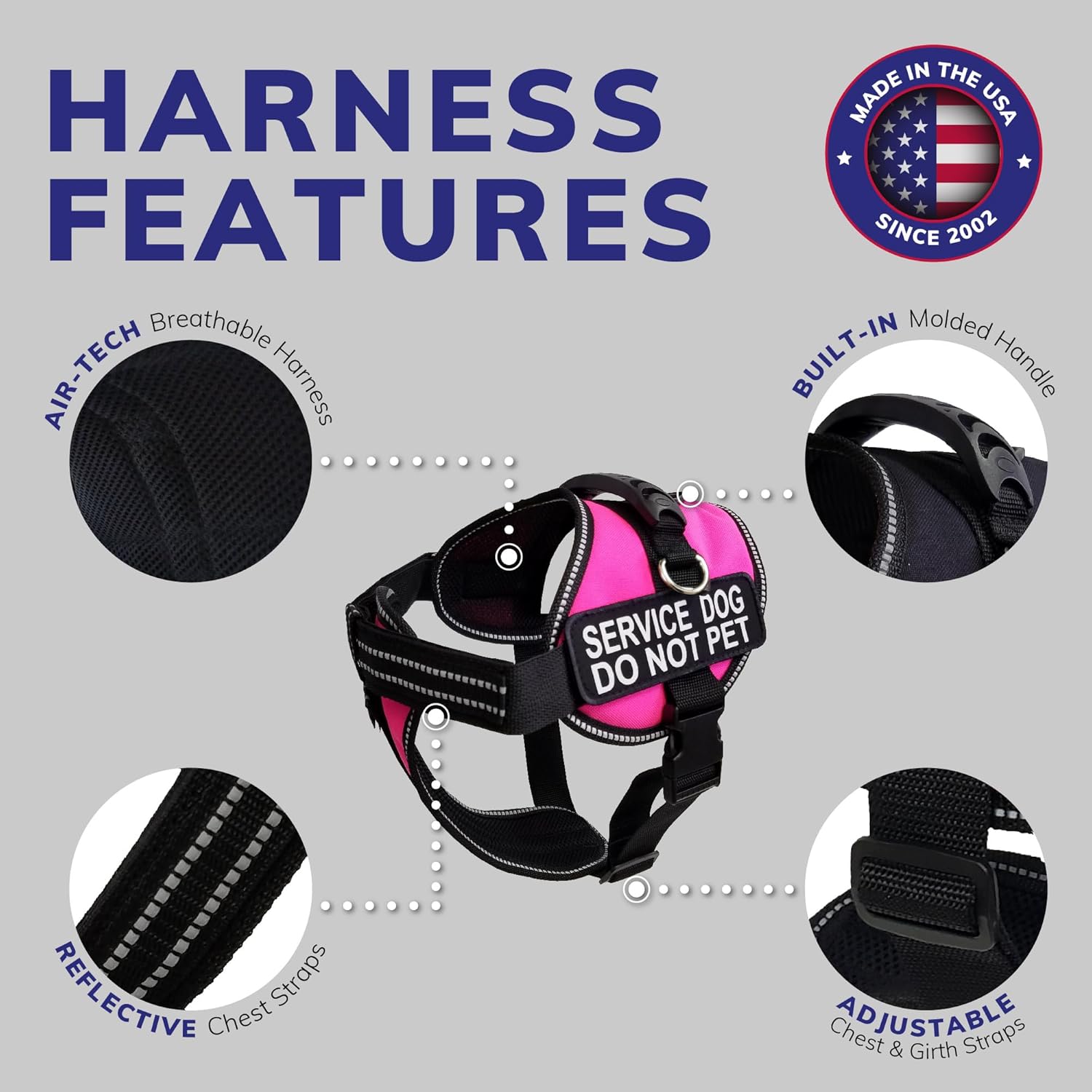 ActiveDogs Service Dog Vest - Padded Air-Tech Harness, Reflective, No Pull for Large Dogs, Heavy-Duty Medium Size, M Girth 22"-30", Hot Pink