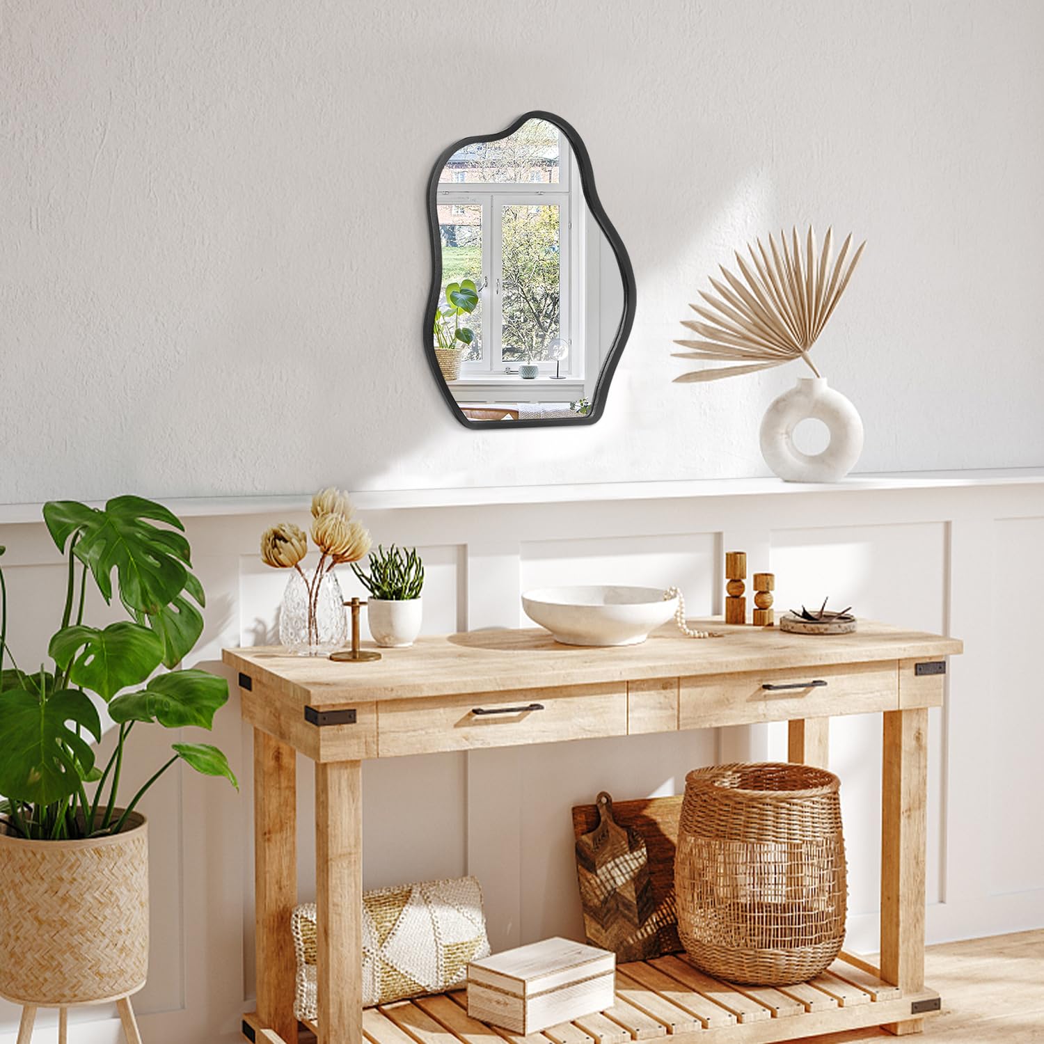Lzuso Asymmetrical Wall Mirror With Wood Frame Irregular Modern Hanging Mirrors for Wall for Vanity Living Room Bedroom Bathroom Entryway Hallway Modern Unique Decorative Artistic - Image 3