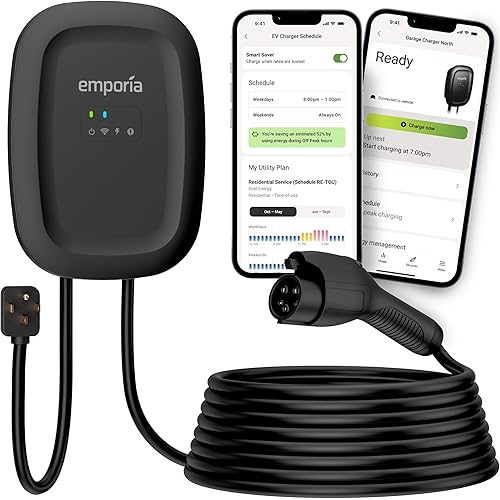 EMPORIA Level 2 EV Charger - NEMA 14-50 EVSE w/ J1772 Charger - 48 amp EV Level 2, 240v WiFi Enabled Electric Vehicle Charging Station, 25ft Electric Cable, Black
