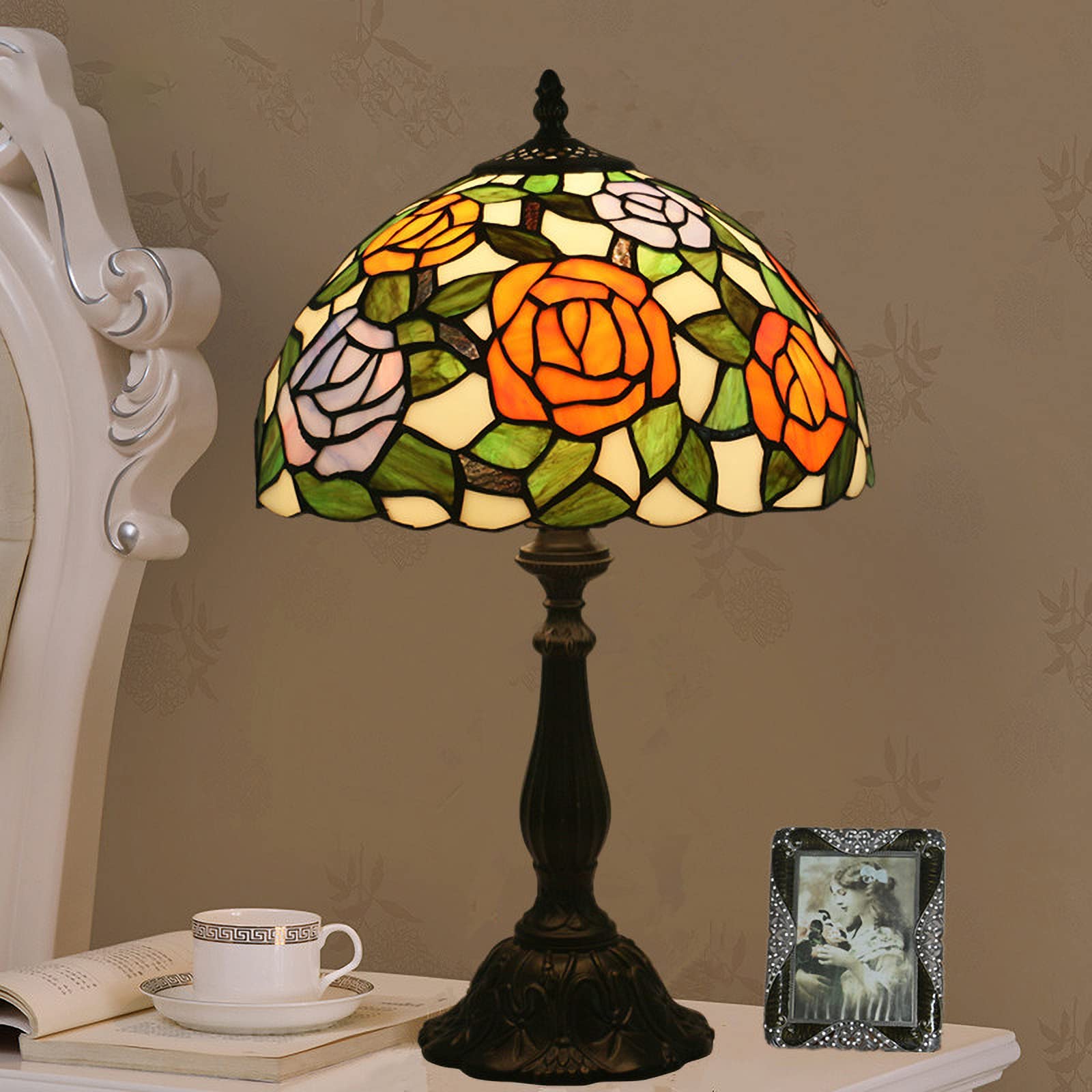 12-calowa lampa stołowa, ręcznie robiony klosz z różowego witrażu, lampka nocna w stylu pasterskim