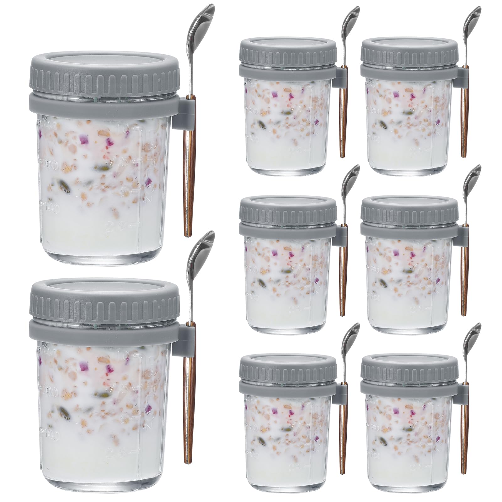 uxcell Overnight Oats Containers with Lids, 8Pcs - 10 Oz Overnight Oats Jars with Spoons and Measurement Marks, Mason Glass Jars for Milk Cereal (Grey
