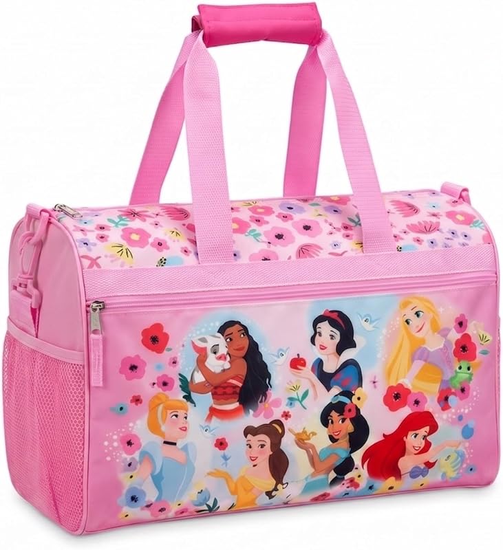 Disney Princess Kids Duffle Bag 16.5" – Travel & Sports Bag with Zipper Pocket, Mesh Side Pockets & Shoulder Strap