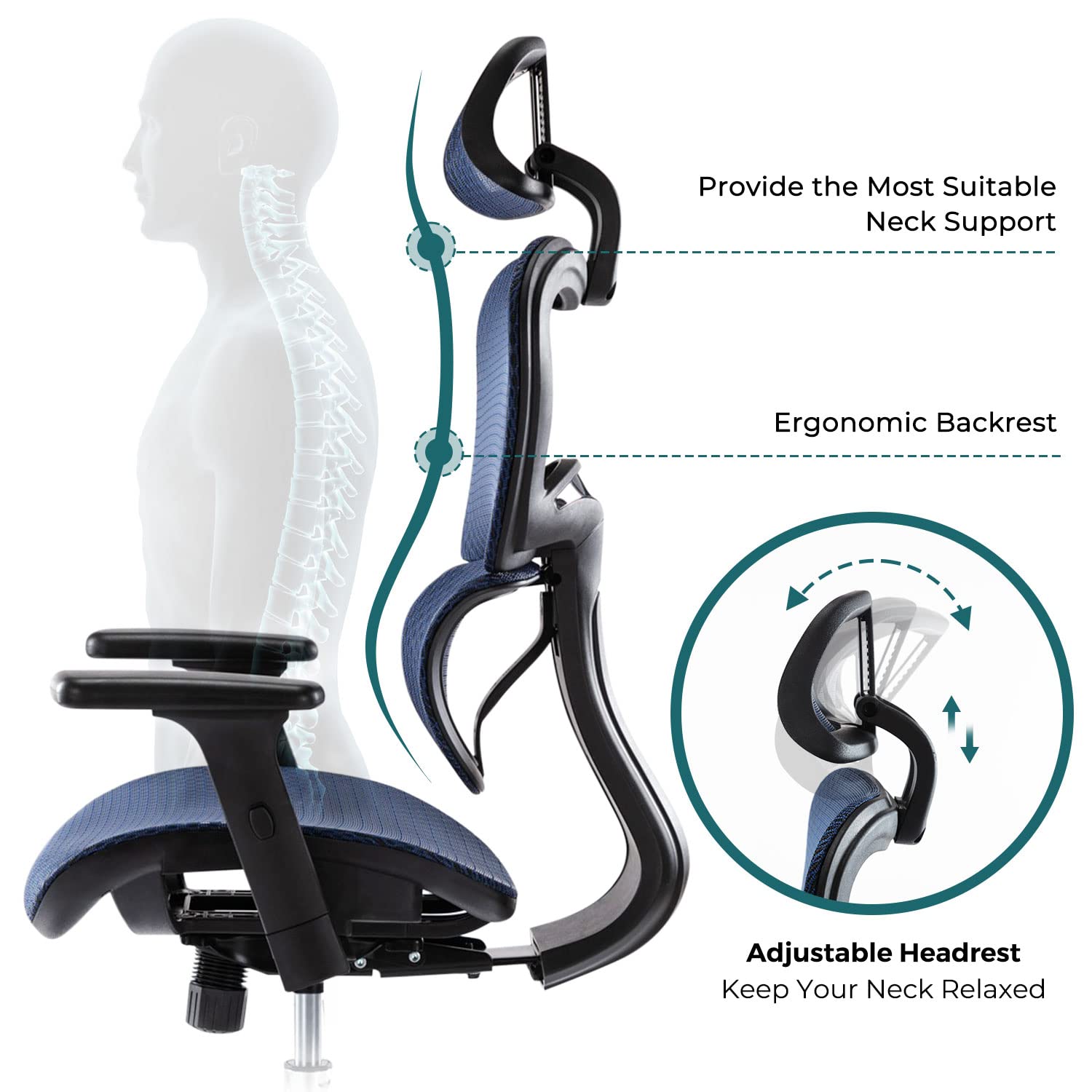 HYATTO OFFICE - Sedia Ergonomica Da Ufficio In Rete, Schienale Alto, Supporto Lombare 3D, Braccioli Ribaltabili, Reclinabile