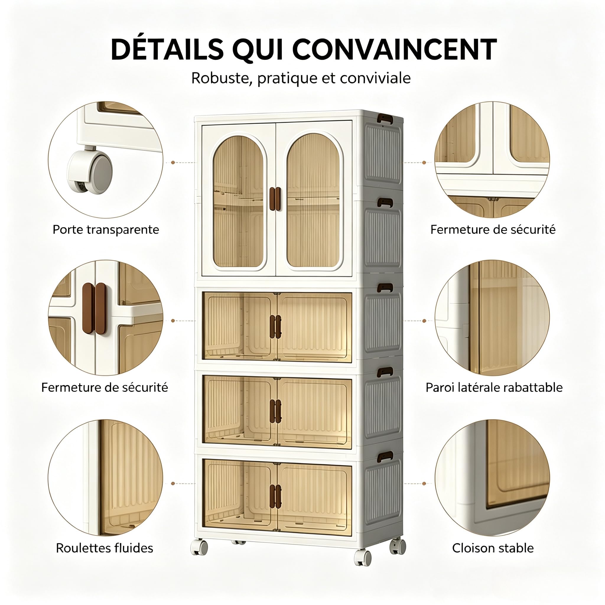 Armoire à vêtements pliable à roulettes, capacité 365L, 3 étagères en plastique, portes transparentes, anti-poussière et résistante à l'humidité