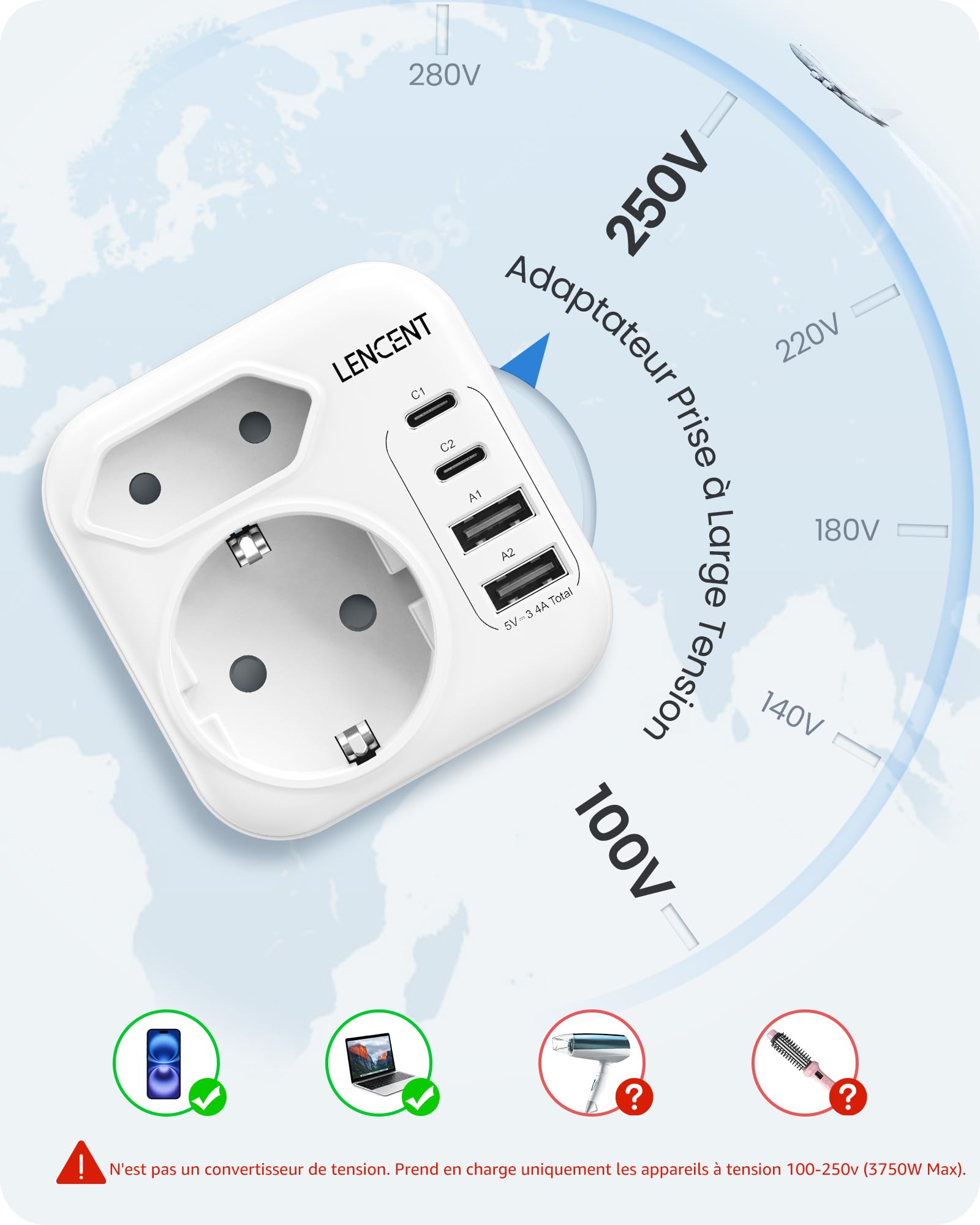 LENCENT Adaptateur Prise USA Adaptateur Prise Canada Americaine US avec USB C Adaptateur de Voyage Type B Adapter Chargeur pour États-Unis New York Canada Mexique Thailande Republique Dominicaine