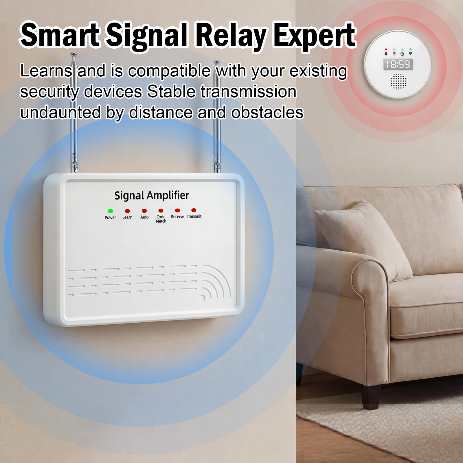 YISEELE Amplificateur de signal pour systèmes d'alarme: Compatible avec capteurs PIR et télécommandes sans fil, répéteur avec 2 antennes pour étendre la couverture dans la maison et le bureau