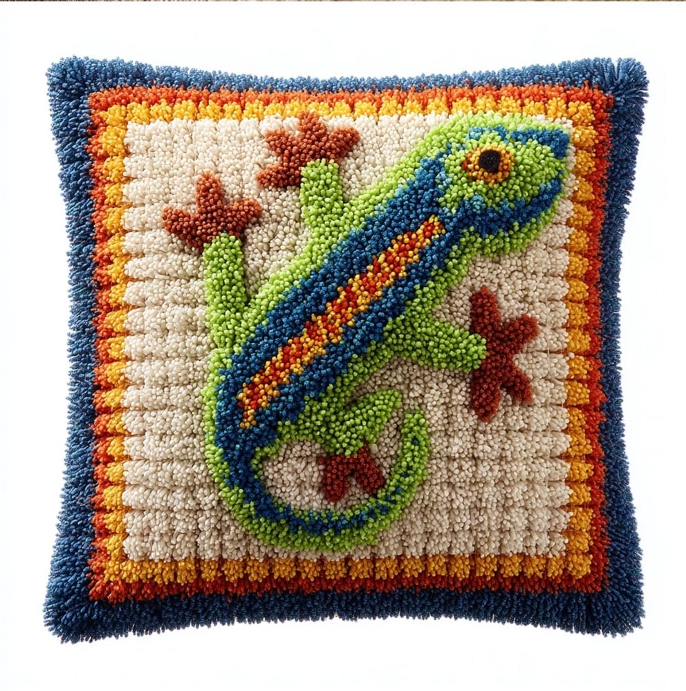 kitphoenix Latch Hook Kit for Adults, Pillow Case Kits, Lizard Pattern DIY Latch Hook Cushion Kits 17X17Inch, Cross Stitch Embroidery Kits Home Decor