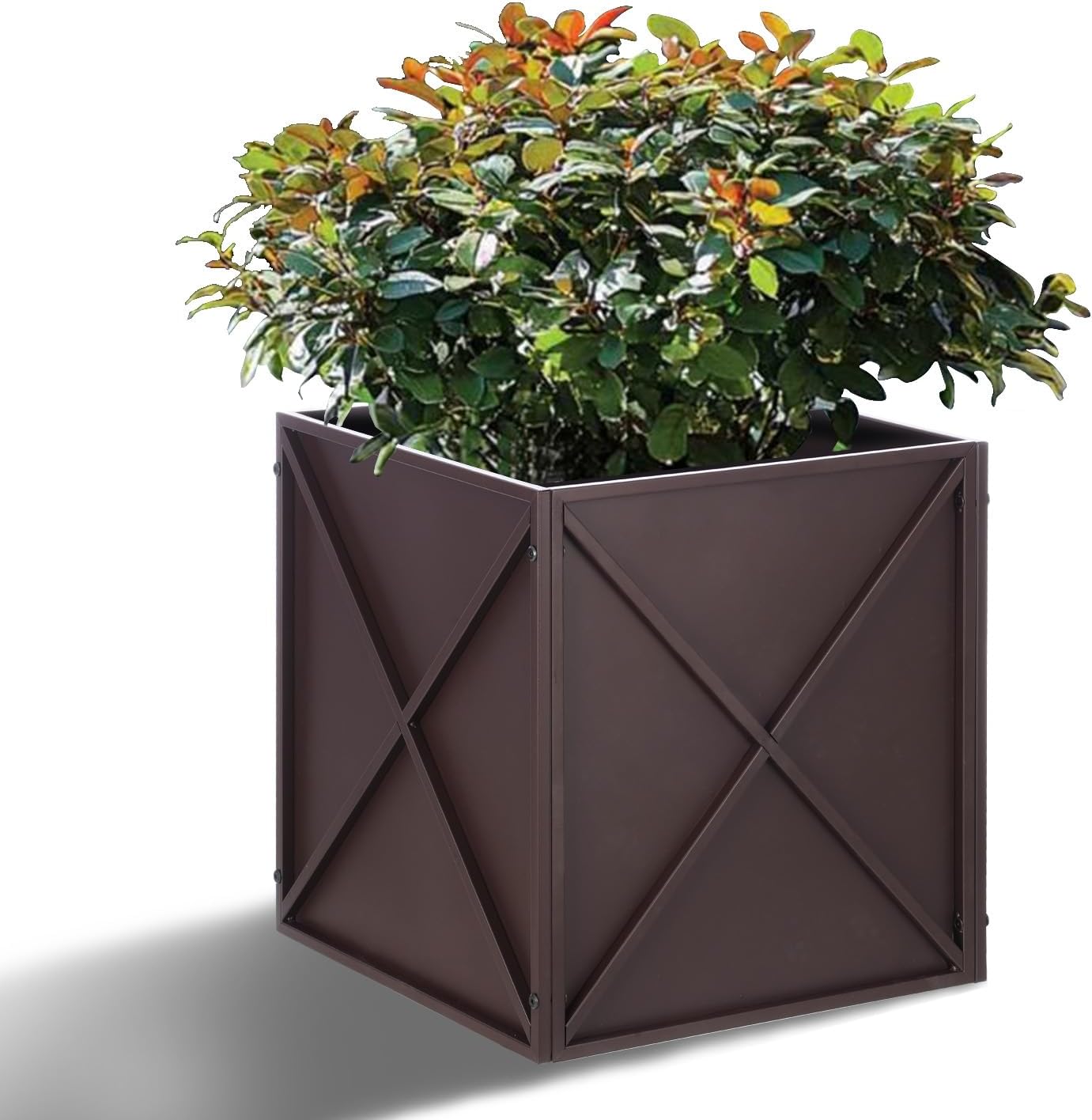 Metal Square Planter Box Tall Planters for Outdoor Plants Modern Heavy Duty with Drainage Holes for Outside Indoor Patio Deck - Brown, 17”x 17”x 18” Brown 17”x 17”x 18”
