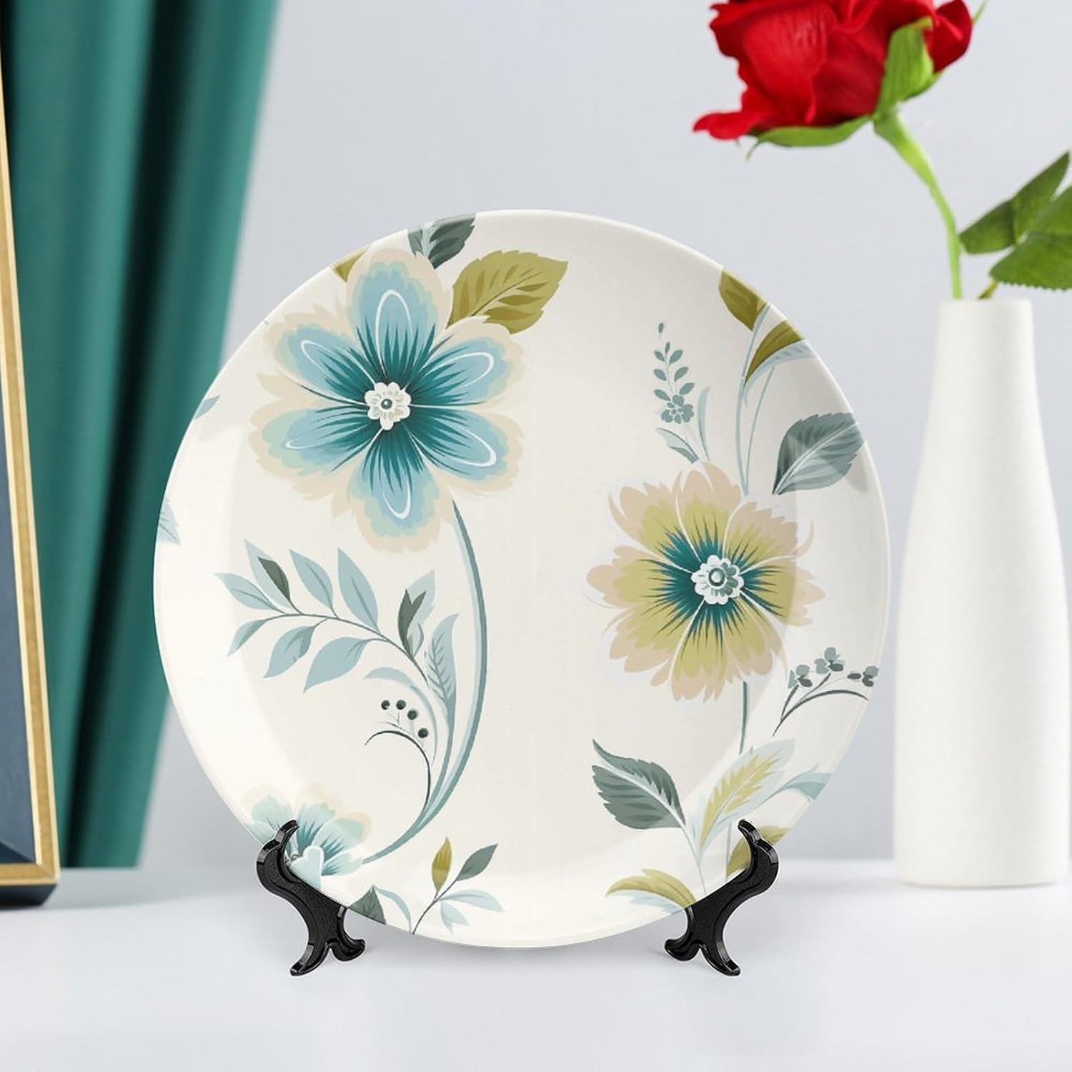 Blue And Green Flowers Ceramic Plate 10inch Decorative Bone China Wall Hanging Ornament Plates Bohemian Style Dinner Plate with Display Stand Cabinet Display Plates for Home Art Decor