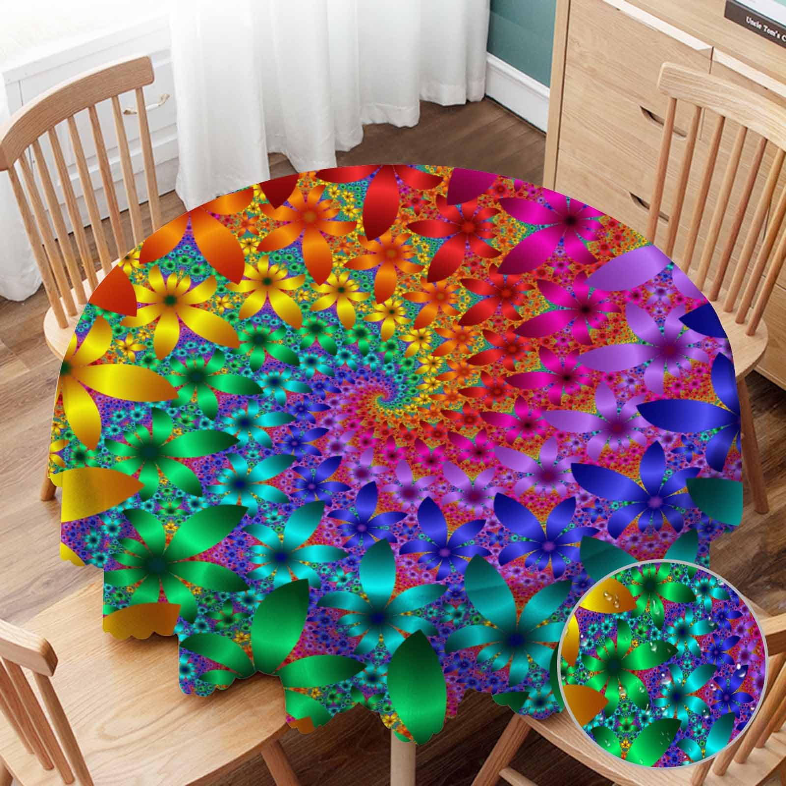 Yibeas Tablecloth Round Tie Dye Table Cloth Rainbow Spirals Flower Petals Tie Dye Table Cover for Dining Room Kitchen Decoration Round Tablecloths 60