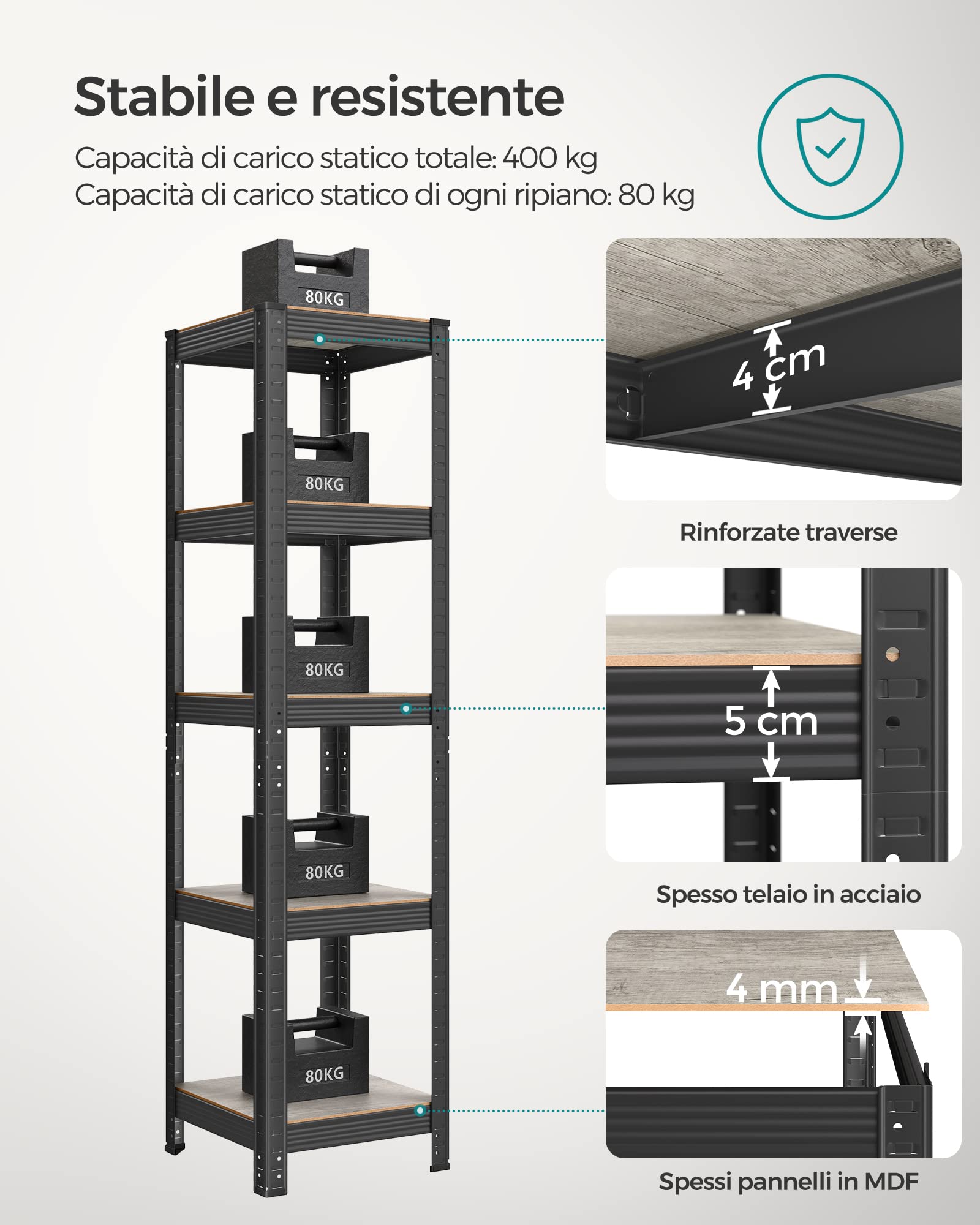 SONGMICS Scaffale a 5 Ripiani, Portaoggetti Organizzatore 37 x 37 x 150 cm, Portante 400 kg, Ripiani Regolabili, Stile Naturale, per Cucina e Soggiorno, Greige e Nero GLR037B11