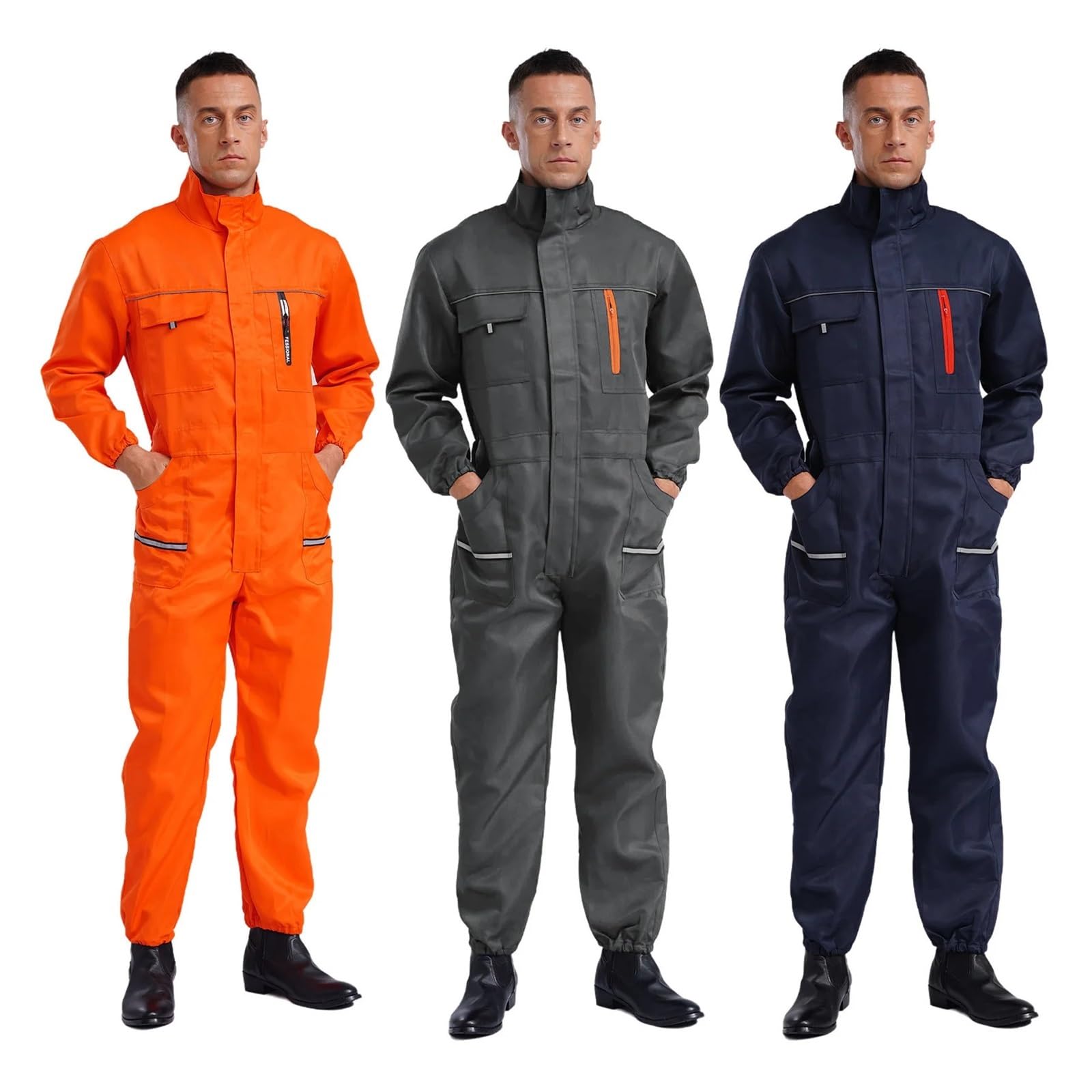 Tuta Da Lavoro Uomo Tute da lavoro resistenti da uomo e da donna, a maniche lunghe, multitasche, uniformi da officina, tute da meccanico riflettenti, abbigliamento da lavoro(Deep Blue,195 (5XL))