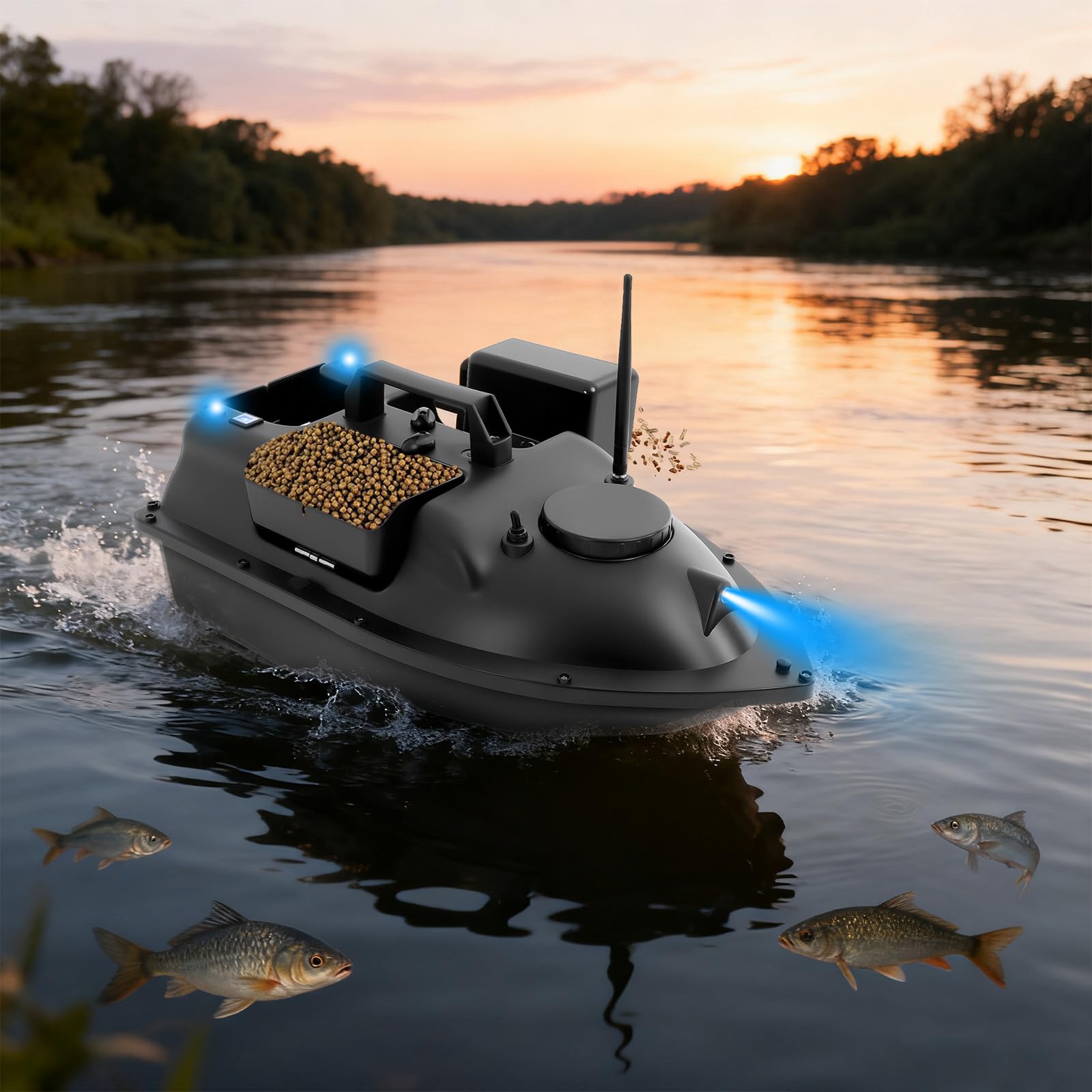 Barca da pesca radiocomandata da 500 m, con luce LED, carico da 2 kg, batteria da 5200 mAh, Cruise Control, ABS Bait Boat per pesca notturna, pesca alla carpa, fiume, nero