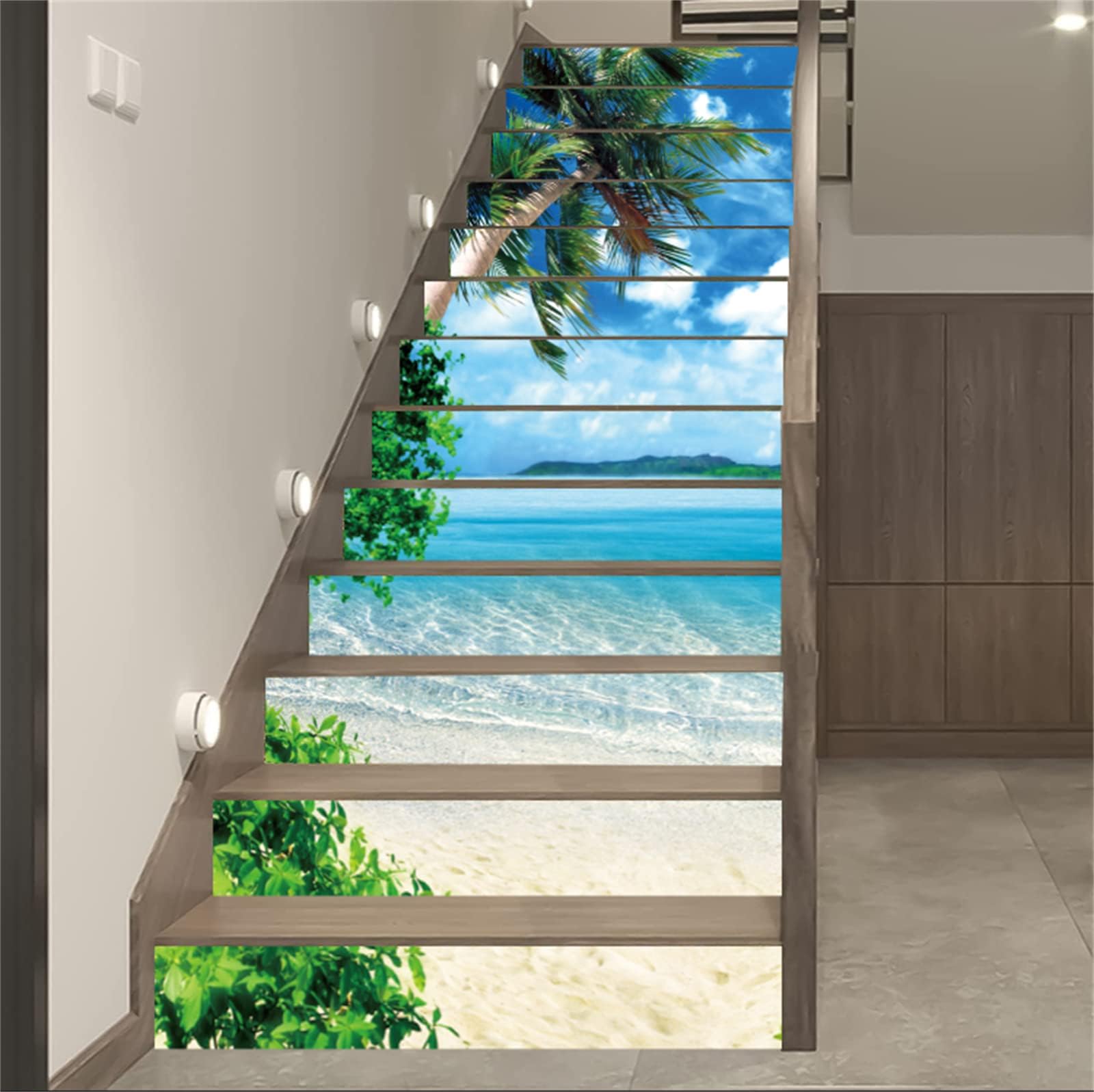 FLFK 13pcs Stair Risers Stickers Peel and Stick - 3D Blue Seascape Palm Tree Vinyl Self-Adhesive Staircase Sticker Decals Decor for Stair Steps Home Decor 39.37"x7.09"
