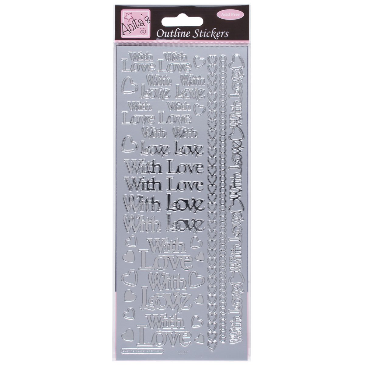Anitas Outline Stickers, With Love, Silver, For Scrapbooking, Card Making, Kids Play, Homework, Art, Craft, Embelish, Decorative, Paper, Card, Glass, Metal, Plastic, Foam