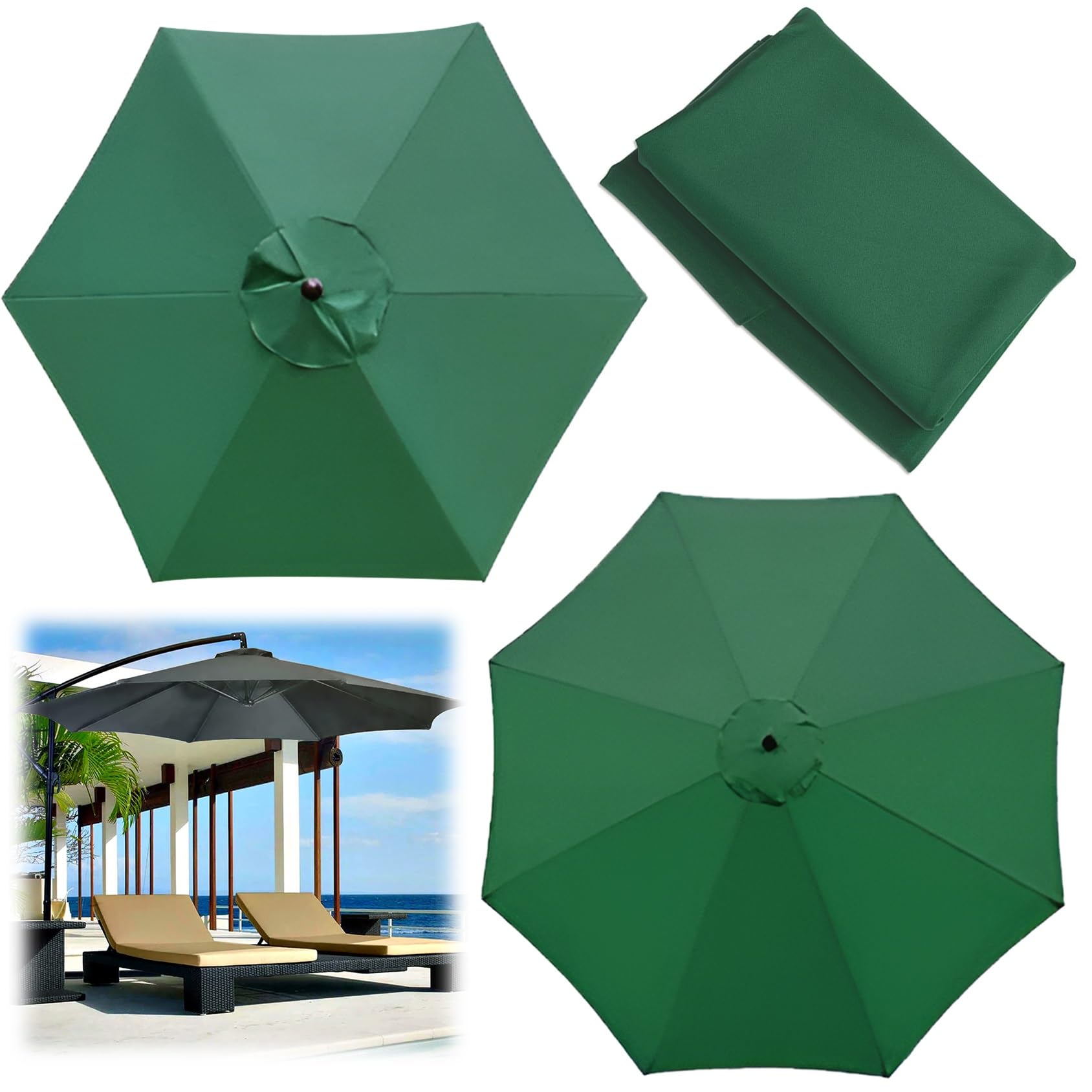 Replacement Parasol Canopy, 2/00270/300 CM Market Table Umbrella Cloth Replacement Fit 6/8 Arms Patio Umbrella Outdoor Deck Parasol Cover Lawn Pool(Color:Green,Size:6 ribs-2m(6.5ft))