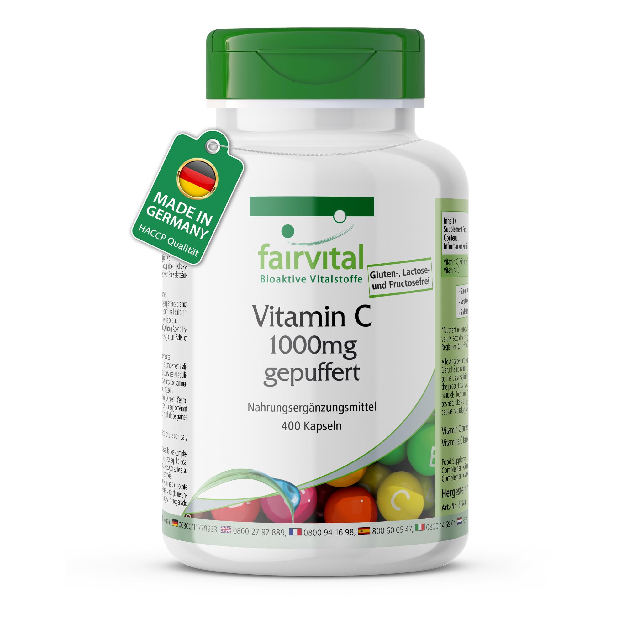 fairvital Vitamina C tamponata 1000 mg ad alto dosaggio, 400 capsule, VEGANA, delicata per lo stomaco, ascorbato di calcio