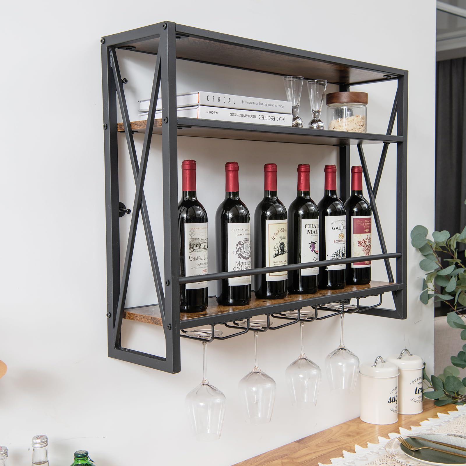 COSTWAY Portabottiglie per Vino da Parete Industriale, Scaffale di Stoccaggio per Vino a Parete a 2/3 Livelli con Porta Calici, in Metallo, per Casa, Bar, Cucina, Ristorante (80 x 20 x 63 cm)