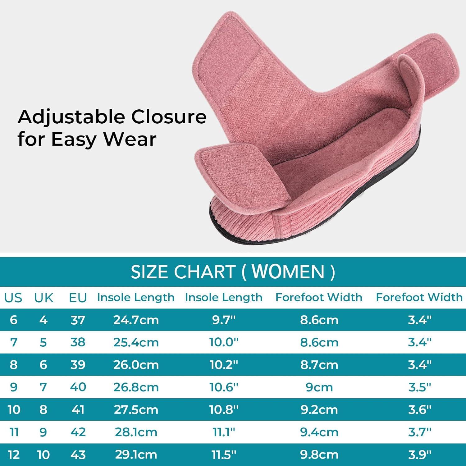 HomeTop Women's Corduroy Slippers Comfy Adjustable Hook and Loop Memory Foam Indoor Closed-back House Shoes for Diabetic Swollen Feet - Image 6
