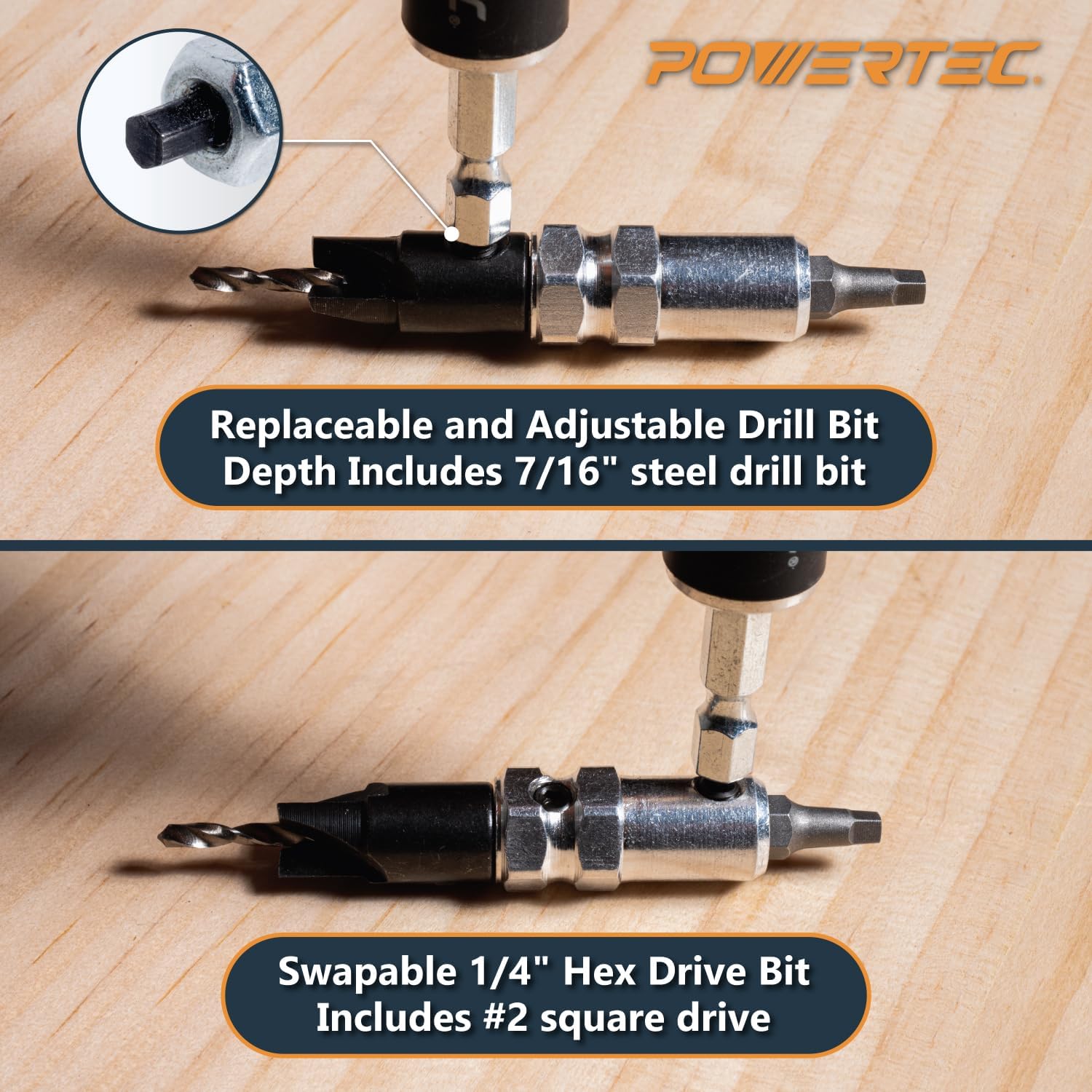 POWERTEC Dual Side Drill and Driver Bit with 1/4" Hex Shank Adapter, for Drilling Pilot Holes & Counterbores, and Fastening #2 Square-Drive Screws, 1 PK (72293)