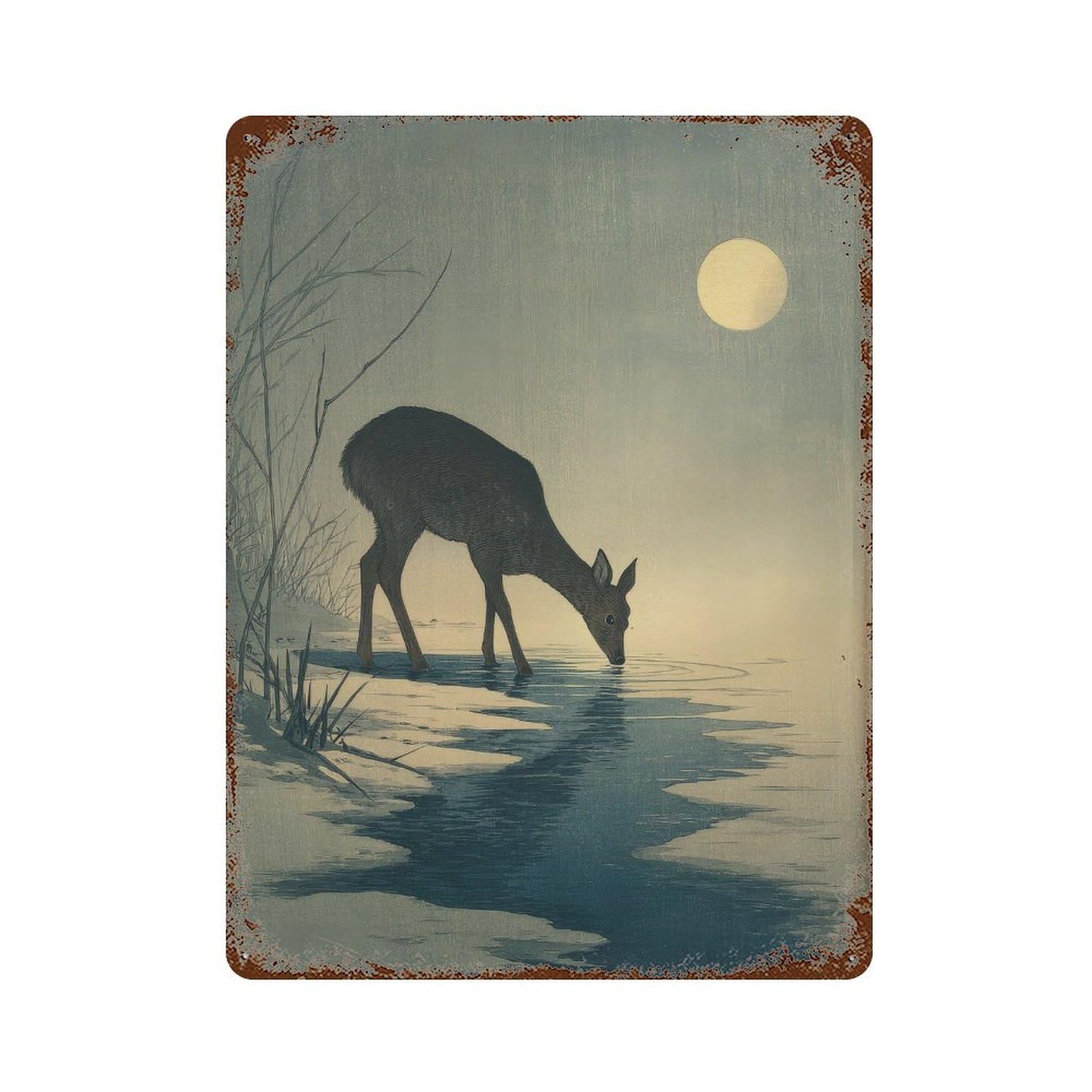 xiaoxiaoshen Deer Drinking At Moonlit Stream. Japanese Woodblock Nature Scene Wall Decor Art Metal Tin Poster Modern Home Decor Art Home Bar Shop Decorations Vintage Sign 40x30cm