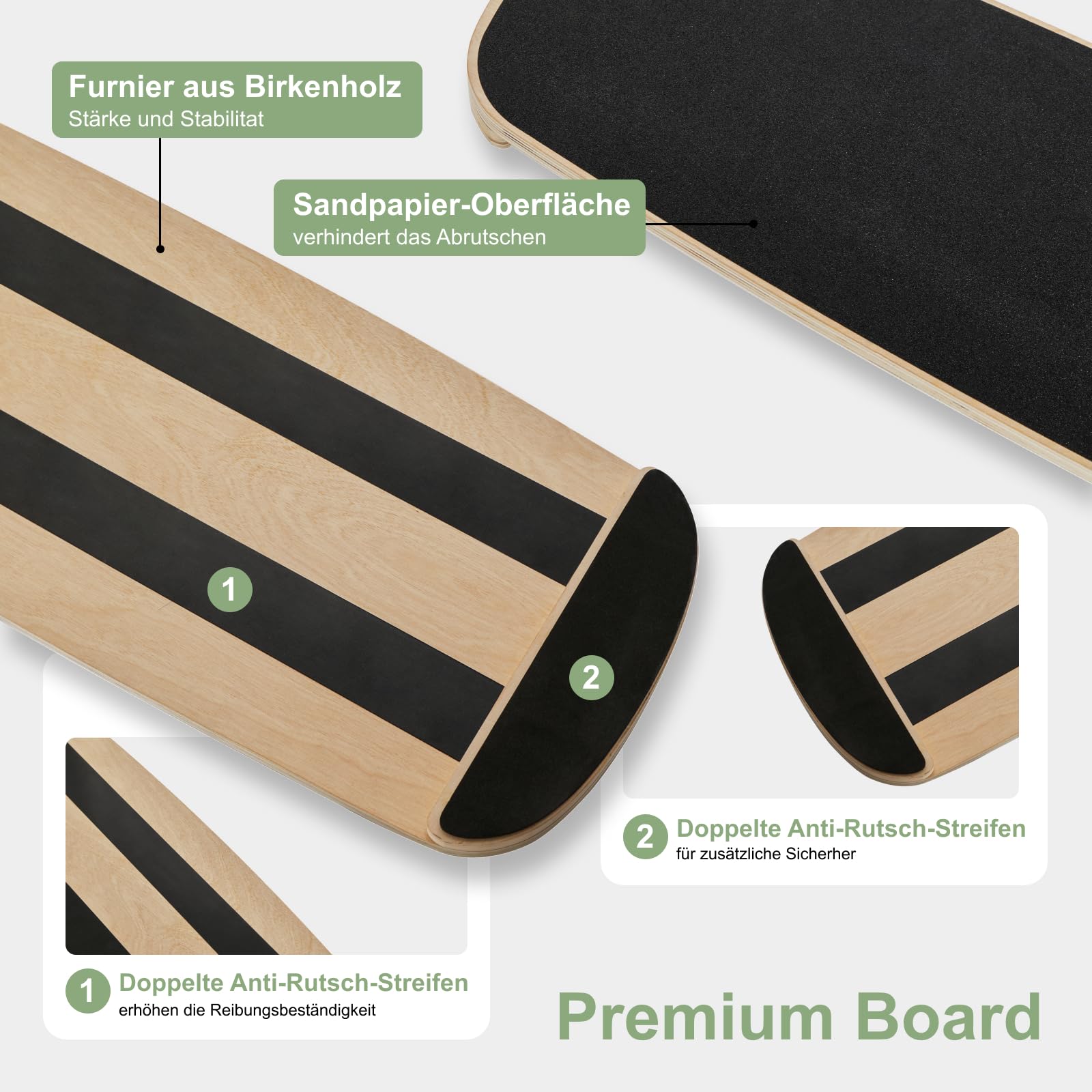 HOKO Balance Board aus Birkenholz mit Korkrolle – Gleichgewichtstrainer Perfekt für Fitness und Sport, Wackelbrett mit Anti-Rutsch Oberfläche, bis 160 kg belastbar