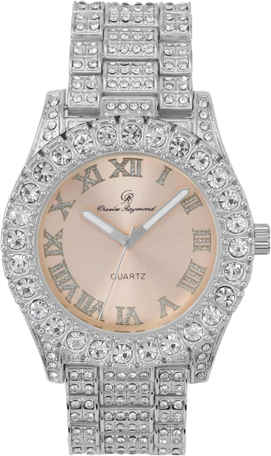 Charles Raymond Women's Baguette Cut Rainbow Iced Out Watch combs of you choices With Bling'ed Out Tennis Bracelet or Necklace with Matching Diamond Crystal Set - Rainbow - 23