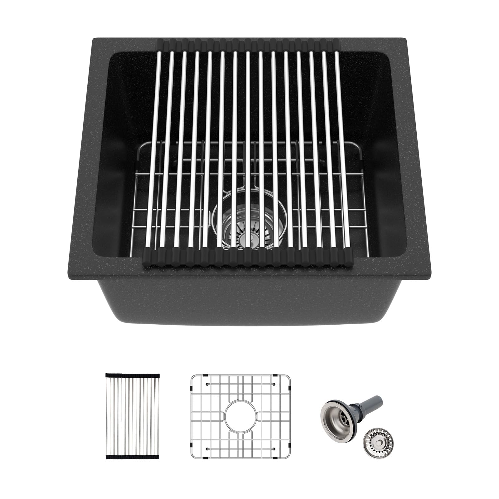 LOF-Q4542 - Fregadero de cocina negro de 18 x 16 pulgadas, fregadero de granito negro pequeño de granito de cuarzo moderno bajo encimera, fregadero de cocina de un solo cuenco, fregadero