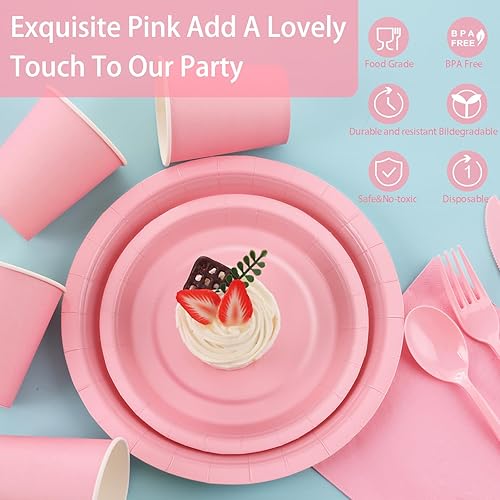 Miniatura 3 de Juego de 168 platos y servilletas de papel rosa claro, juego de platos desechables rosa con utensilios para 24 invitados para baby shower,