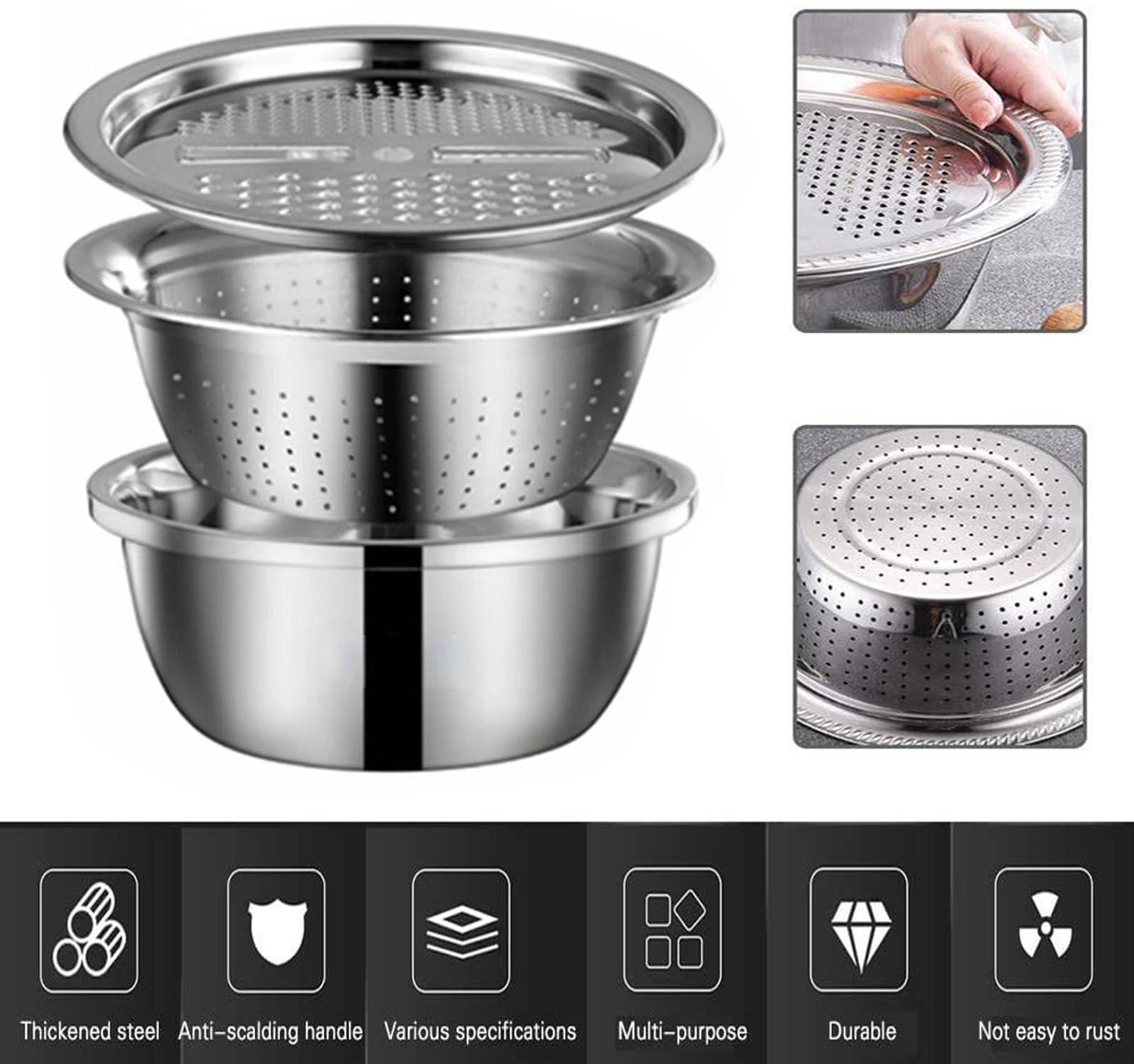 Passoire Avec Bol INOX 3 En 1 - Bassin Multifonction Râpe Et Lavage Riz En Acier Inoxydable