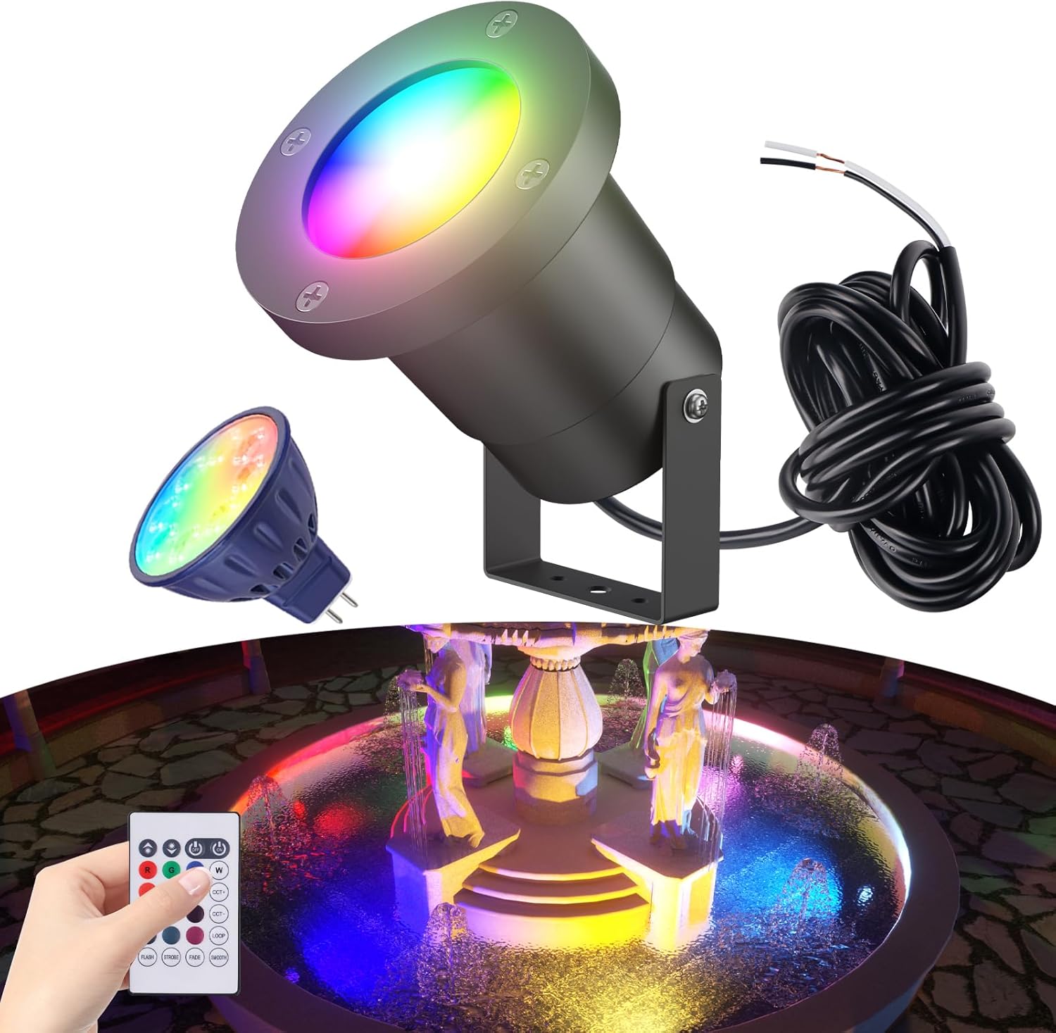 12V RGB Pond Light Underwater, RGB+CCT Tunable 2700K-6500K MR16 LED Bulb with Remote Control, Submersible for Ponds, Waterfalls, Fountains, Well Light, Low Voltage Yard Landscape Lighting