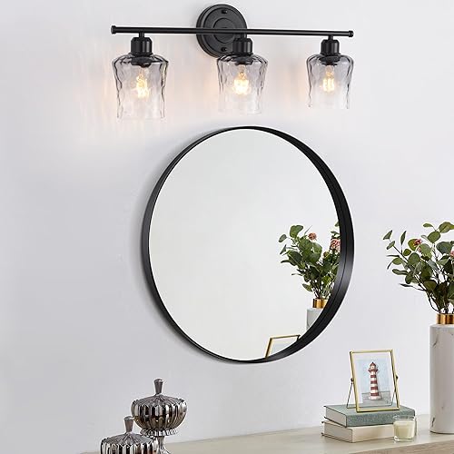 Miniatura 8 de Lámpara de baño de 3 luces, lámpara de tocador negra mate con pantalla de vidrio gris, moderna lámpara de pared de baño E26 para sobre espejo,