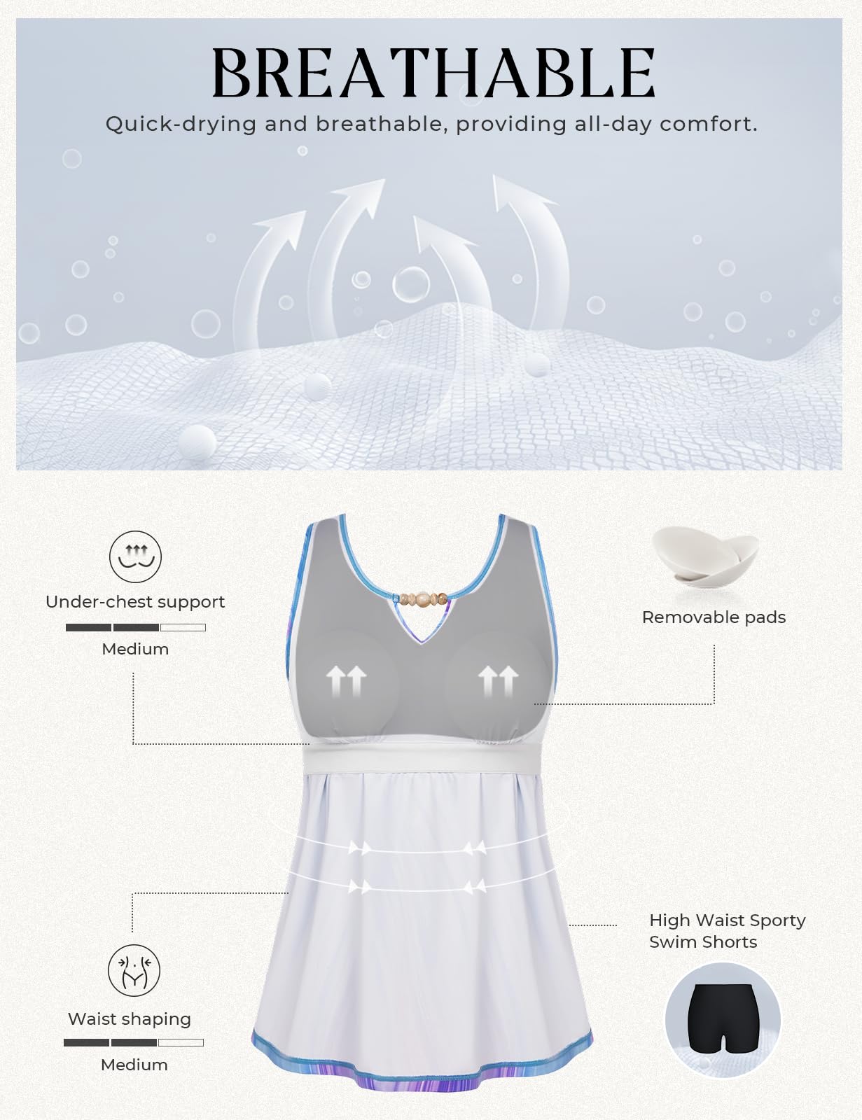 Hanna Nikole Tankini Damen Badeanzug, Bauchweg Zweiteiliger Bademode Set, Push Up Tank Oberteil mit Badeshorts, Sport Badeanzug für Damen Sportliche Strandmode